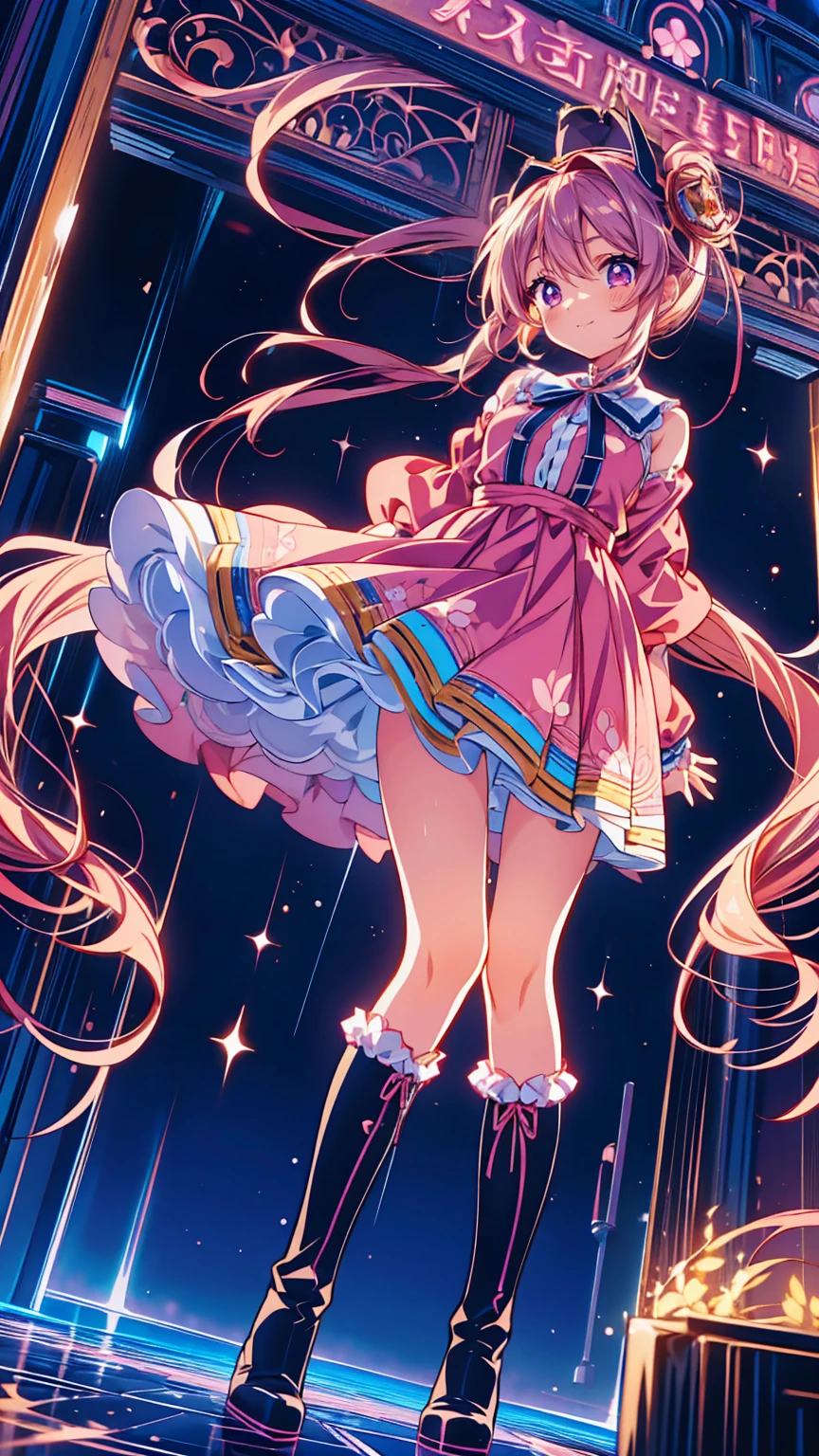  anime style、story、、 cute女の子 、とてもcute天使、  pink gothic dress  、cute、baby face、smile、  Long Skirt 、  black boots 、Very cute headband
