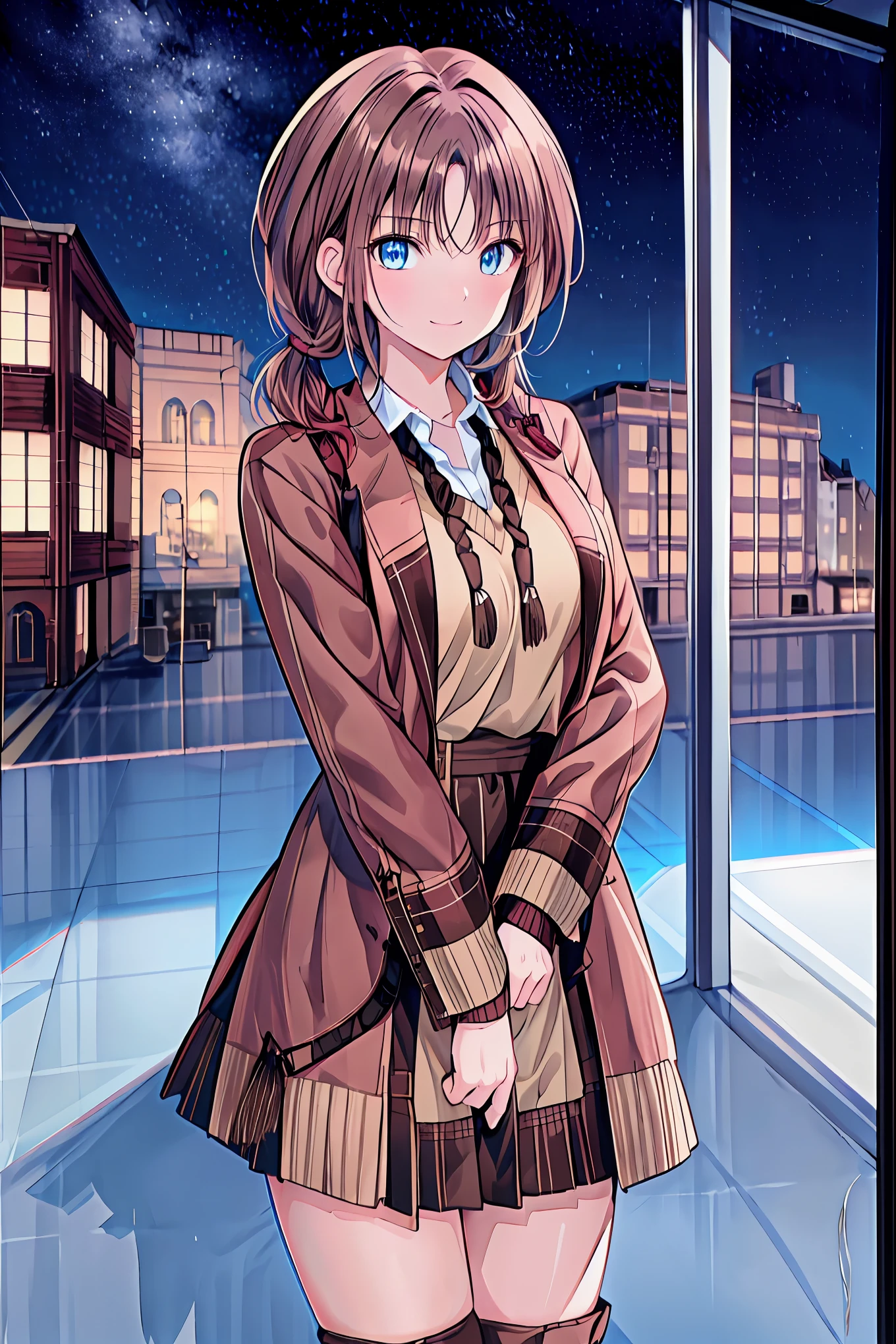  brown hair， shortcuts， messy hair ， Short Braided Hair ，Neat， slender beauty，Dignified posture， small breasts， beautiful legs with tails， her enchanting gray-blue eyes shine like stars， vibrant colors,  beautiful eyes ,繊細なsmile,textured skin, best quality ,  gentle and beautiful woman  , anime style､Irohaisshiki, Isshiki Iroha ,  long hair,  Short Braided Hair , ponytails bleeding from the vagina, brown hair, ( Brown Eyes :1.5), smile, muffler , Long Coat , sweater, long black skirt , black tights, Short Boots ,morning日,morning,Campus Life,On the way to school in winter,Cold Sky,that&#39;that&#39;s it's snowing ,
 to junk Outdoors , Around town,Destroying a city of buildings, looking at viewer,Enchanting gray-blue eyes shine like stars
breaking (masterpiece:1.2),  best quality,  high definition ,  unity 8k Wallpaper , (shape:0.8), (美しくて  beautiful eyes :1.6),   I have a very detailed face ,  perfect lighting,  Highly Detailed CG, (  perfect hand,   Perfect Anatomy  ),