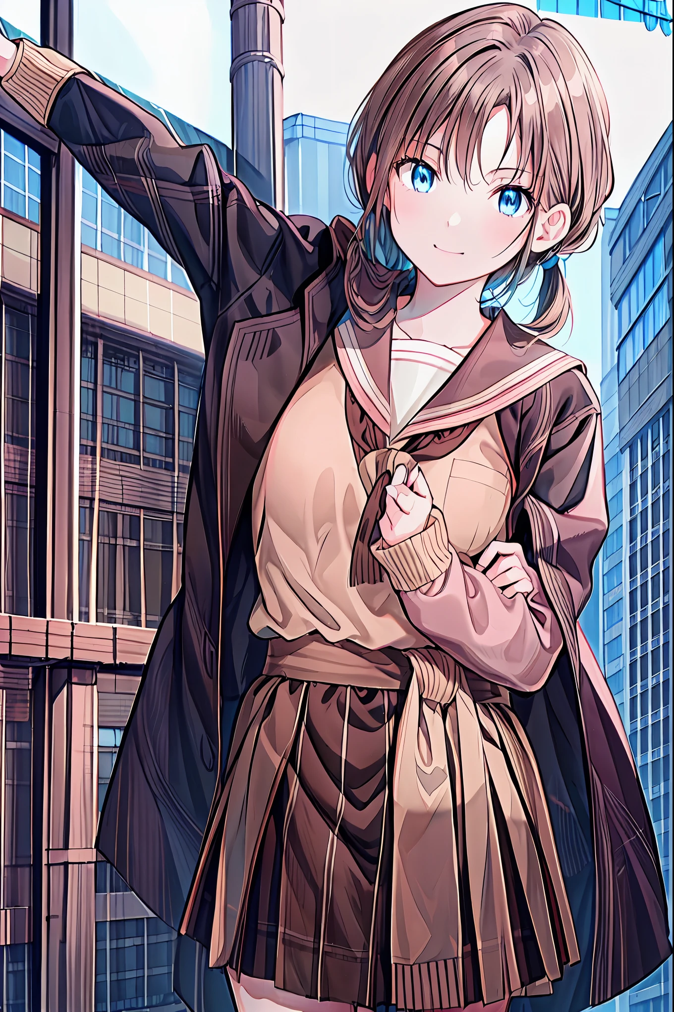  brown hair， shortcuts， messy hair ， Short Braided Hair ，Neat， slender beauty，Dignified posture， small breasts， beautiful legs with tails， her enchanting gray-blue eyes shine like stars， vibrant colors,  beautiful eyes ,繊細なsmile,textured skin, best quality ,  gentle and beautiful woman  , anime style､Irohaisshiki, Isshiki Iroha ,  long hair,  Short Braided Hair , ponytails bleeding from the vagina, brown hair, ( Brown Eyes :1.5), smile, muffler , Long Coat , sweater, long black skirt , black tights, Short Boots ,morning日,morning,Campus Life,On the way to school in winter,Cold Sky,that&#39;that&#39;s it's snowing ,
 to junk Outdoors , Around town,Destroying a city of buildings, looking at viewer,Enchanting gray-blue eyes shine like stars
breaking (masterpiece:1.2),  best quality,  high definition ,  unity 8k Wallpaper , (shape:0.8), (美しくて  beautiful eyes :1.6),   I have a very detailed face ,  perfect lighting,  Highly Detailed CG, (  perfect hand,   Perfect Anatomy  ),