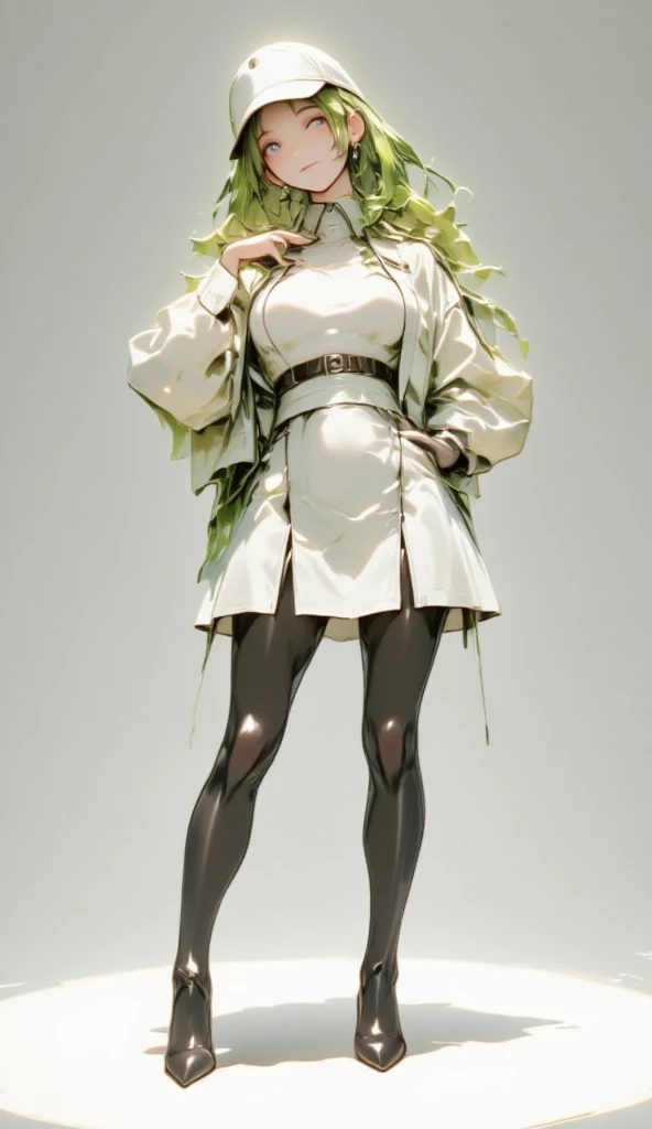 1 daikon character with a female soldier as a motif,( best quality, very detailed depiction, Incredibly Absurd High Resolution,Curvaceous Body, shiny skin,Beautiful legs),(Female military personnel,Female admiral,white-toned latex military uniform with epaulettes, tight skirt , black tights,White cap, high heels),(green hair like leaves , eyeshadow,Glowing purple eyes, half closed eyes:2.0, big breasts,Glossy lips,Shadowed face, bewitching smile,Seductive gestures), full body image :2.0,Has a military sword