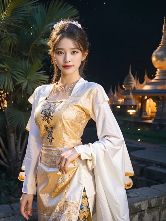 a solo beautiful princess, elegant, detailed, pretty, (rubenesque), (Bagan Pagoda background), (night sky), Full Moon, Myanmar traditional elegant detailed dress, Hair in a bun, (art by dgtlv2 and henry asencio and zeen chin and josephine wall and edwin deakin), (masterpiece), (good anatomy),