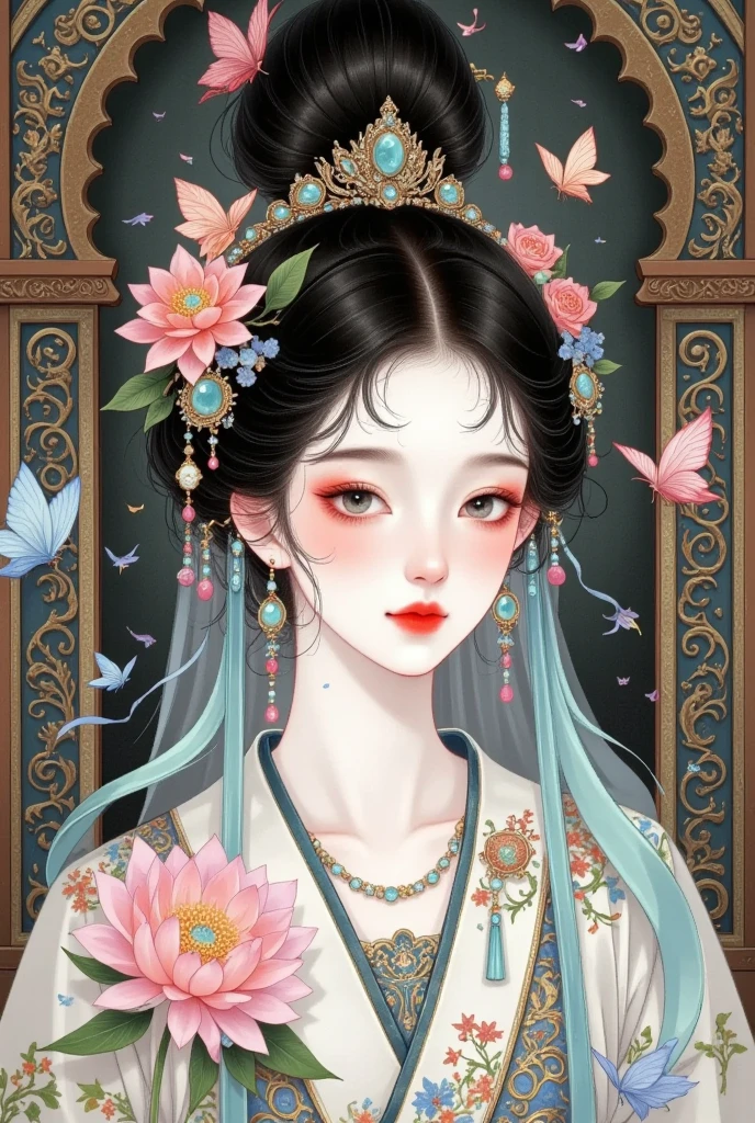 A painting of a woman with butterflies in her hair, palace ，  girl in Hanfu, Beautiful character painting,  a beautiful fantasy queen,  A beautiful illustration  , (( a beautiful fantasy queen)), 精致的数字插图, ancient Chinese Princess, 8K high quality detailed art, Beautiful digital illustration ,   Ancient Chinese Beauty , Chinese Princess,  Korean Art Nouveau anime , 8K))