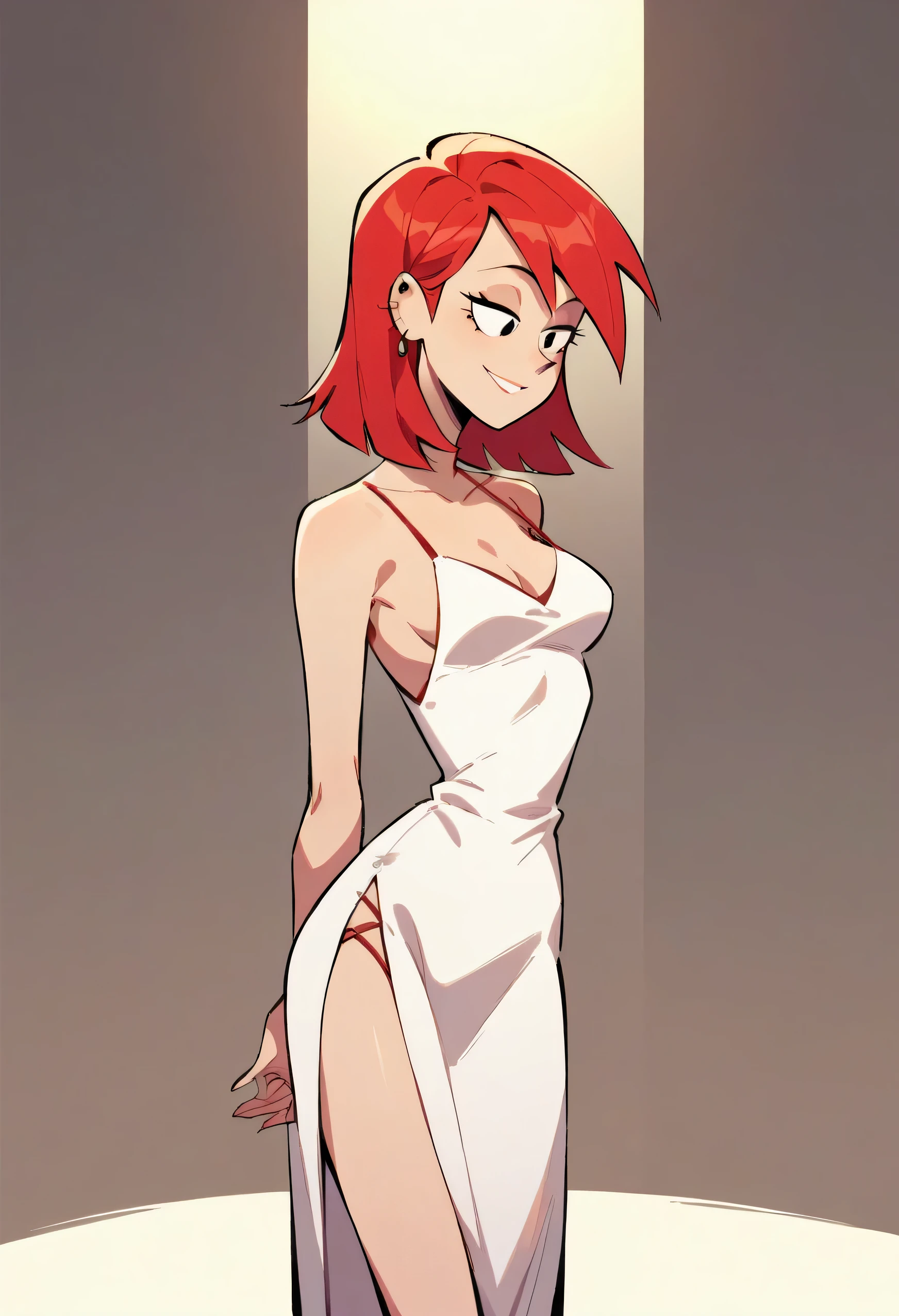 FrankieFoster, red medium hair, bob hair cut, black eyes, posing, solo, white Satin Slip Dress, spaghetti straps, midi length, side slit, light smile, beautiful, arms at sides, standing up, looking at viewers
