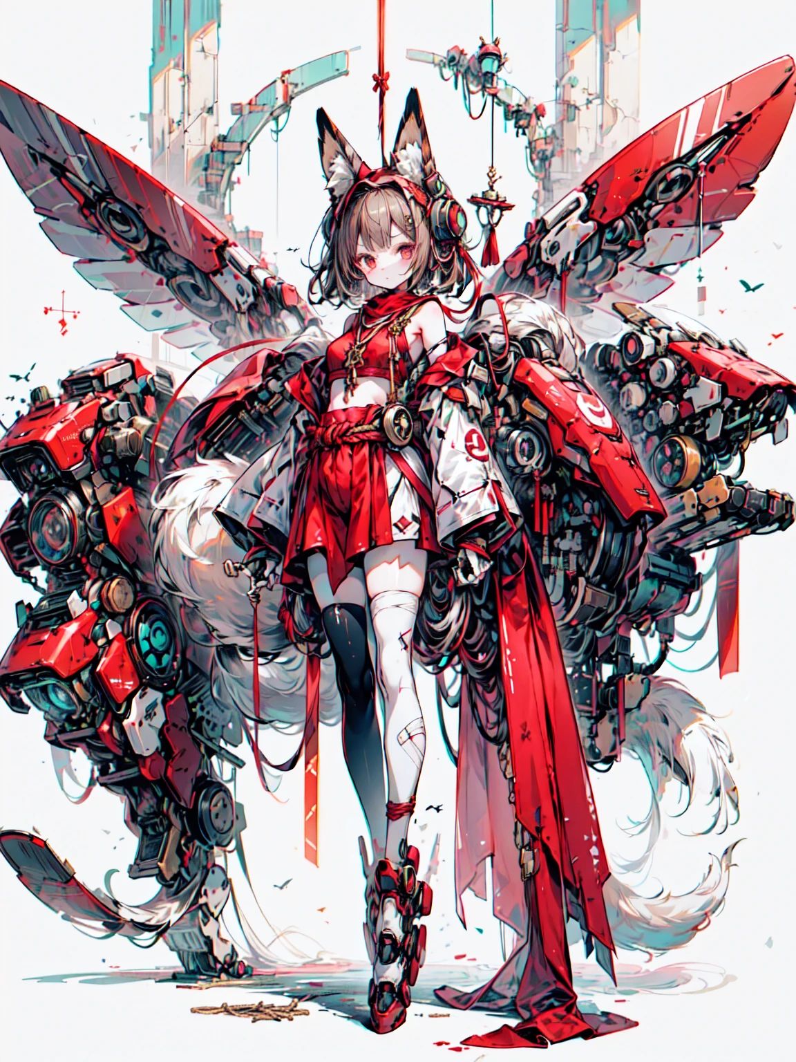  fox ears, Mecha, mechanical,  fluffy tail ,, ultra   Details,   Masterpiece ,  best quality, Midea,   Details,, Alone, frown,
 1 girl, red eyes, (tsurime:1.2), ( brown hair:1.3),  Medium Hair , ( asymmetrical bang,   sweep bang in fashionable clothes, Cowlick:1.35), Flip Hair,  folding ponytail,  putting together ponytail , ( small breasts:1.3), sacred shrine rope hair tie,  sleeveless turtleneck,  crop top, between legs, (sacred shrine rope:1.3), (sacred shrine rope sash:1.3), (overskirt:1.2), Shorts, flat, bandage, bandageを巻かれた腕, Bare legs, belly button,owl wings 