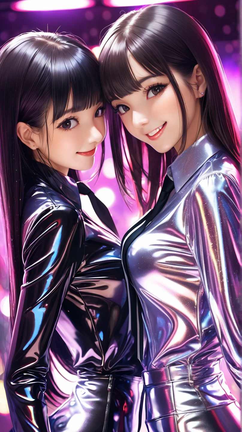 2 girls,  in extremely tight shiny latex blouse,  high resolution ,  masterpiece,  very long hair ,  black hair, Lens reflection, Reflected light, smile, Necktie, Are at the disco and dance  