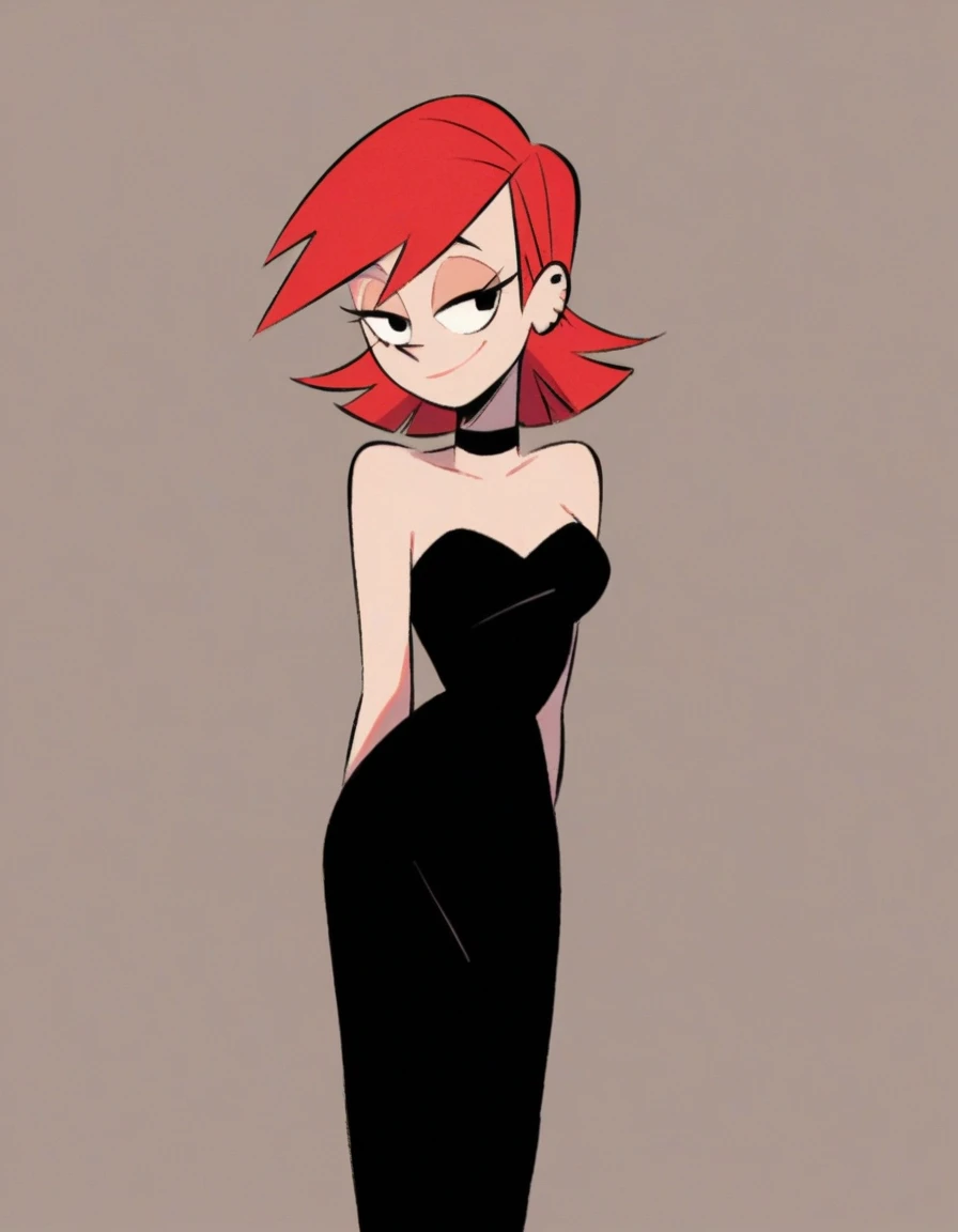 FrankieFoster, red medium hair, bob hair cut, black eyes, posing, solo, strapless black dress, light smile, beautiful, arms at sides, standing up, 