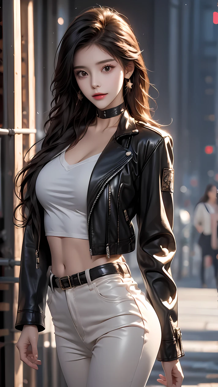 (((Best quality, 8k, Masterpiece: 1.3)), ((best quality)), ((masterpiece)), (detailed), perfect face, perfect body, (detailed skin:1.3), (intricate details), black hair, slicked back, ((Leather jacket)), white tank top, leather pants, wide belt, buckle, Choker, Sidelong glance, near-future city, Fashion model