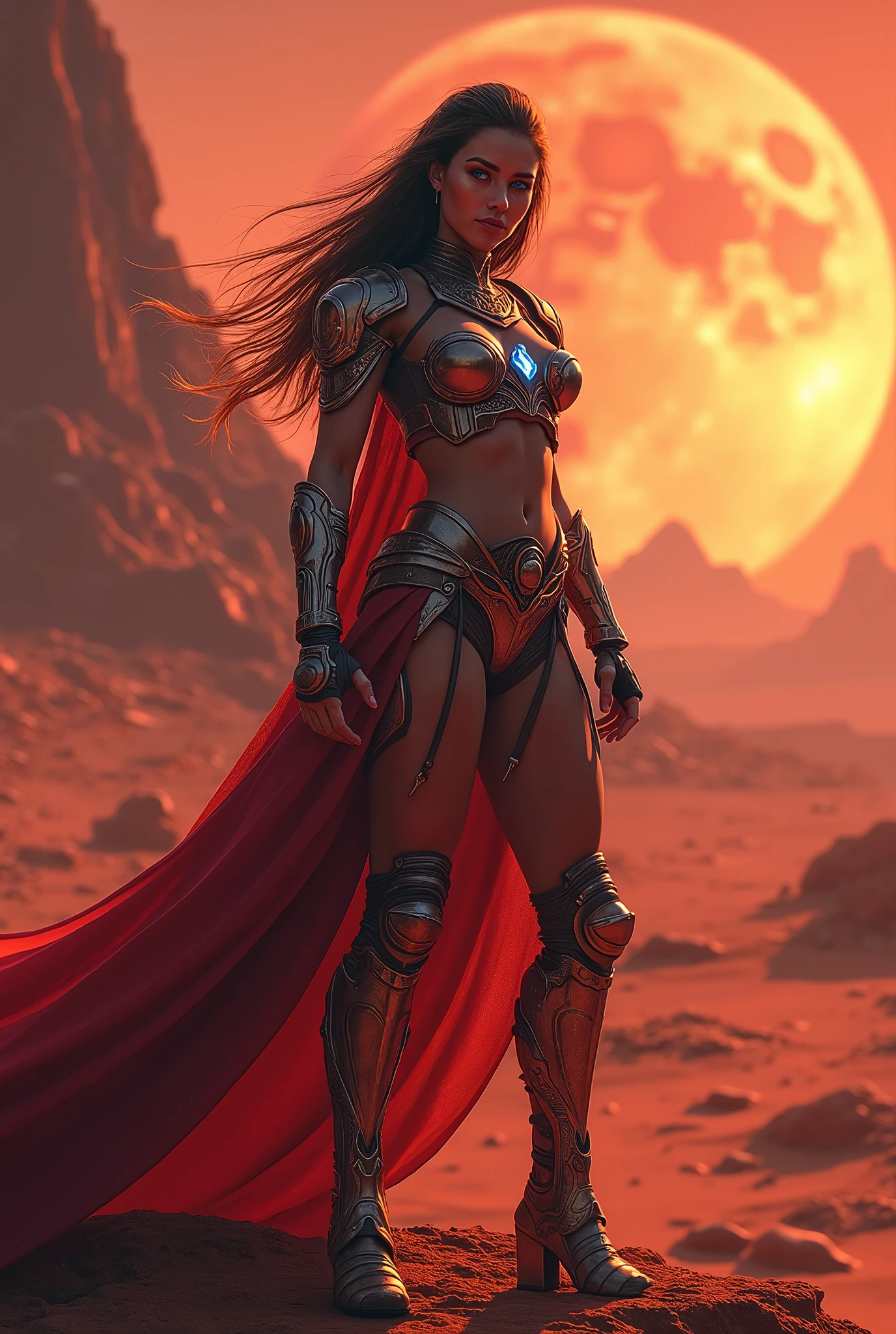 Epic battle scene with debris and fire in the background, smoke, Female spartan warrior wearing intricate battle armored made out of Diamonds, burgundy Cape, black war paint with a golden (oni mask) , she's holding a sword in each hand, kneeling in one knee with both arms stretched out on either side of her body with her head up looking like a Superhero pose, shallow depth of field, cinematic light, soft light (RAW, analogue, Nikon Z 14mm ultra-wide angle lens, award-winning glamour photograph, ((best quality)), ((masterpiece)), ((realistic)), tessellation, ambient occlusion, ray-tracing, subsurface scattering, radiant light rays, high-res, detailed facial features, high detail, sharp focus, smooth, aesthetic, extremely detailed, (extremely detailed eyes, extremely detailed iris), extremely detailed hair, extremely detailed skin, extremely detailed clothes, octane render, photorealistic, realistic, post-processing, max detail, realistic shadows, roughness, natural skin texture, real life, ultra-realistic, photorealism, photography, 8k UHD, photography, hdr, intricate, elegant, highly detailed, sharp focus, stunning, beautiful, gorgeous), 8k, intricate, elegant, highly detailed, majestic, digital photography, (masterpiece, sidelighting, finely detailed beautiful eyes: 1.2), HDR, wide angle camera, full portrait, full body