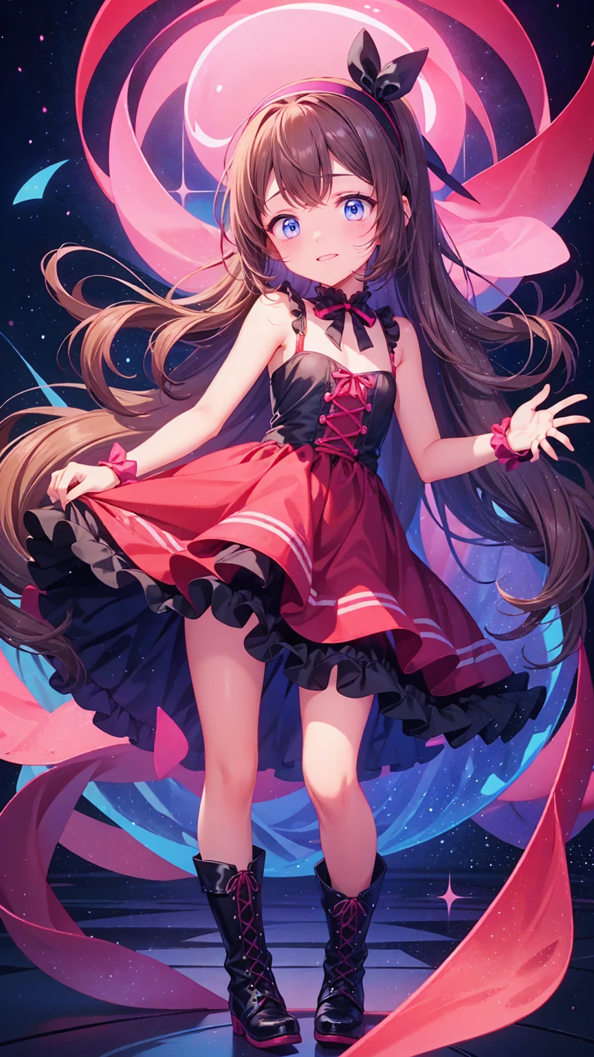  anime style、story、、 cute女の子 、とてもcute天使、  pink gothic dress  、cute、*********、smile、  Long Skirt 、  black boots 、Very cute headband
