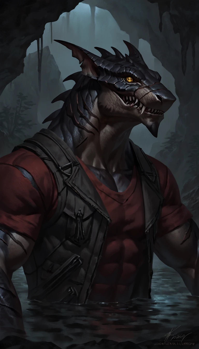 a ferocious male lizardfolk mercenary, muscular detailed body, hunting pose, tall topless, forest background, gray body, wearing pants and belts on chest, comic book style illustration, best quality, 4k, ultra-detailed, realistic, by laobai, by taran fiddler, by honovy