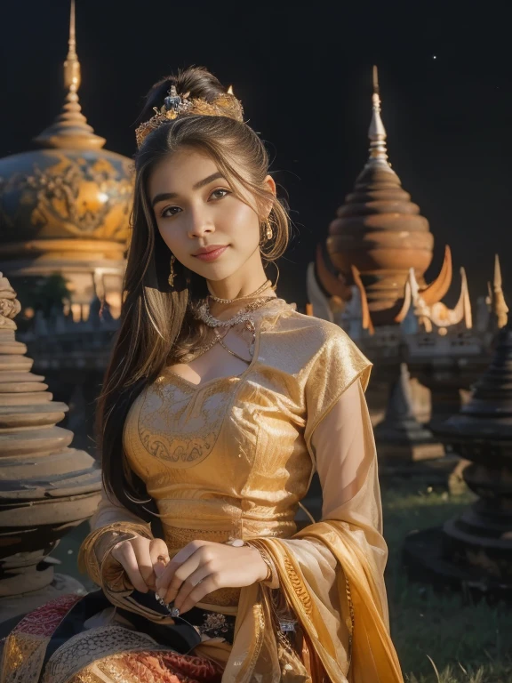 a solo beautiful princess, elegant, detailed, pretty, (rubenesque), (Bagan Pagoda background), (night sky), Full Moon, Myanmar traditional elegant detailed dress, Hair in a bun, (art by dgtlv2 and henry asencio and zeen chin and josephine wall and edwin deakin), (masterpiece), (good anatomy),