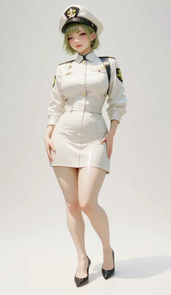 1 daikon character with a female soldier as a motif,( best quality, very detailed depiction, Incredibly Absurd High Resolution,Curvaceous Body, shiny skin,Beautiful legs),(Female military personnel,Female admiral,white-toned latex military uniform with epaulettes, tight skirt , black tights,White cap, high heels),(green hair like leaves , eyeshadow,Glowing purple eyes, half closed eyes:2.0, big breasts,Glossy lips,Shadowed face, bewitching smile,Seductive gestures), full body image :2.0,