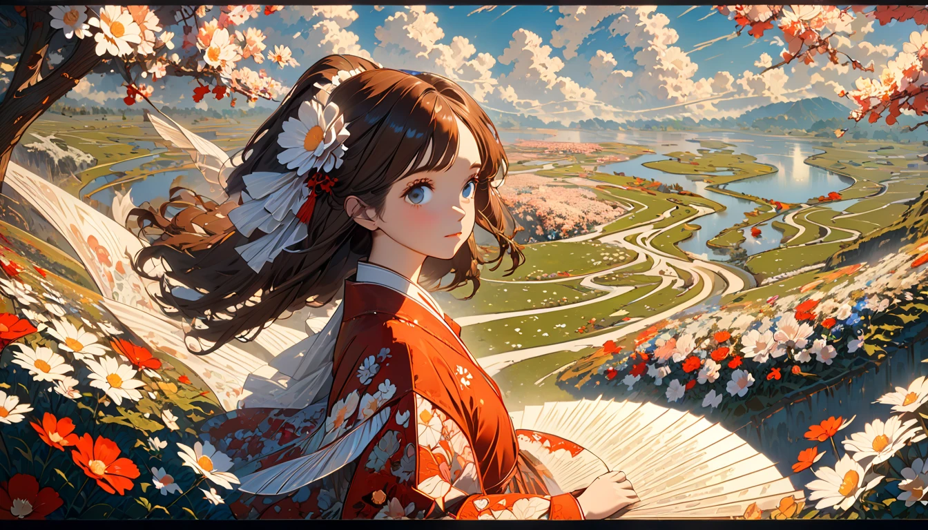 (masterpiece),(best quality), illustration, (fantasy:1.4), long brown hair, long eyelashes, solid round eyes, faint smile, Surrealism, shadow, relief, Stereo view, atmospheric perspective, 8k, Ultra-detailed, precise, best quality, ultra high definition, textured skin, long skirt, a moon, flowers , Paper_cut