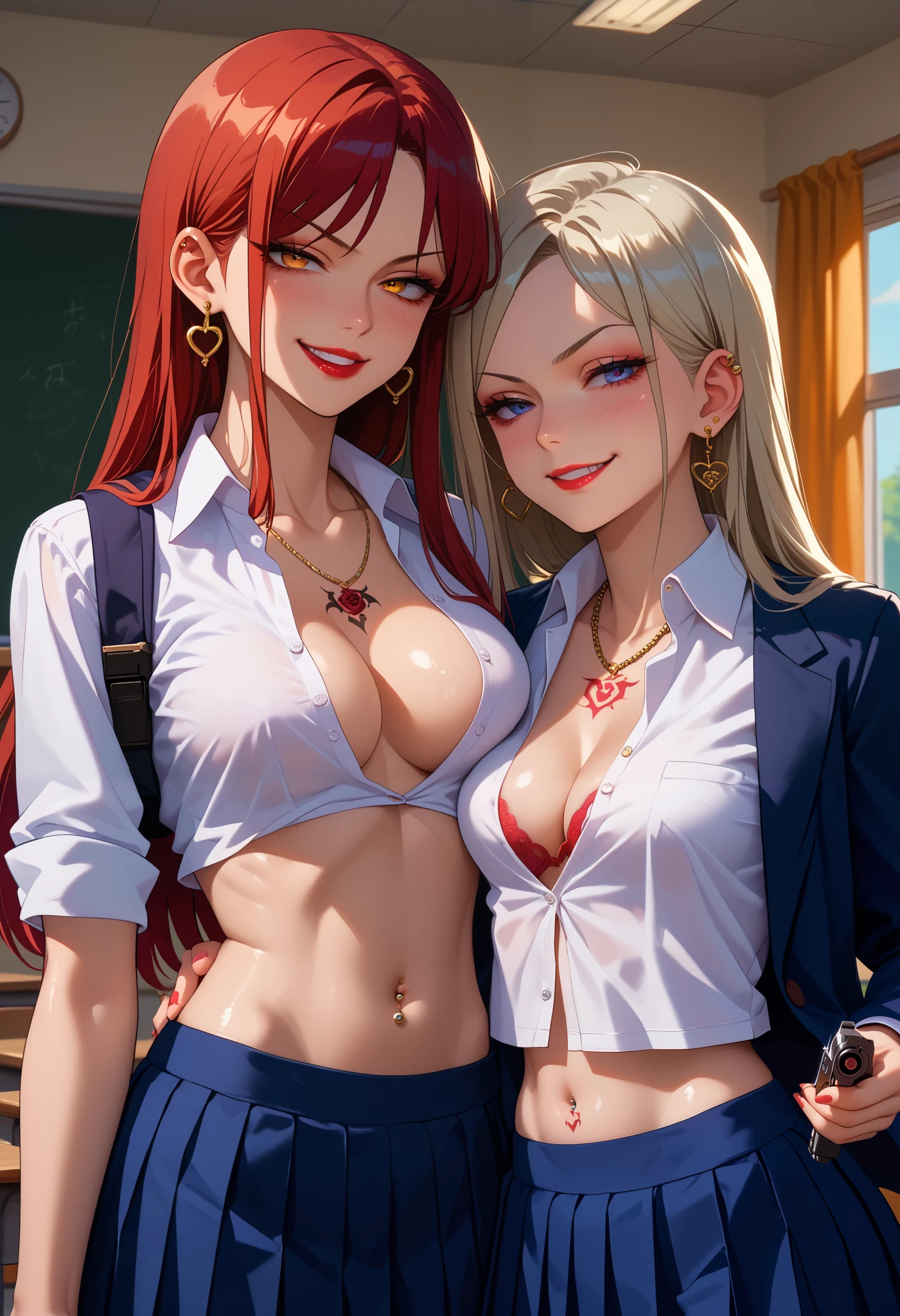 two girls, 2girl, evil smile, smug, smirk, anime coloring, unusually open eyes, ear piercing, long hair, blush, lipstick,Hot girl, baddie, smoking, sensual, attractive ,masterpiece, best quality, ((unbuttoned school uniform, cleavage, necklace, earrings, sexy body,
breasts)) , micro skirt, smiling, navel , exposed belly, exposed navel,(nsfw) not safe for work,school,
classroom , hold a gun,knot, holding pistol, tattoo on body, tattoo midriff, rose tattoo, , shiny skin, navel piercing, 