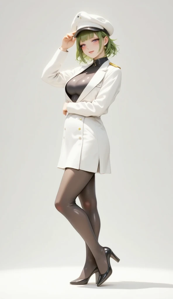 1 daikon character with a female soldier as a motif,( best quality, very detailed depiction, Incredibly Absurd High Resolution,Curvaceous Body, shiny skin,Beautiful legs),(Female military personnel,Female admiral,white-toned latex military uniform with epaulettes, tight skirt , black tights,White cap, high heels),(green hair like leaves , eyeshadow,Glowing purple eyes, half closed eyes:2.0, big breasts,Glossy lips,Shadowed face, bewitching smile,Seductive gestures), full body image :2.0,