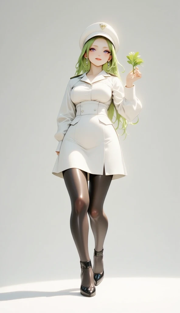 1 daikon character with a female soldier as a motif,( best quality, very detailed depiction, Incredibly Absurd High Resolution,Curvaceous Body, shiny skin,Beautiful legs),(Female military personnel,Female admiral,white-toned latex military uniform with epaulettes, tight skirt , black tights,White cap, high heels),(green hair like leaves , eyeshadow,Glowing purple eyes, half closed eyes:2.0, big breasts,Glossy lips,Shadowed face, bewitching smile,Seductive gestures), full body image :2.0,