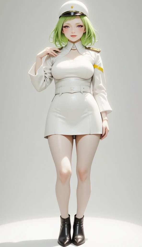 1 daikon character with a female soldier as a motif,( best quality, very detailed depiction, Incredibly Absurd High Resolution,Curvaceous Body, shiny skin,Beautiful legs),(Female military personnel,Female admiral,white-toned latex military uniform with epaulettes, tight skirt , black tights,White cap, high heels),(green hair like leaves , eyeshadow,Glowing purple eyes, half closed eyes:2.0, big breasts,Glossy lips,Shadowed face, bewitching smile,Seductive gestures), full body image :2.0,