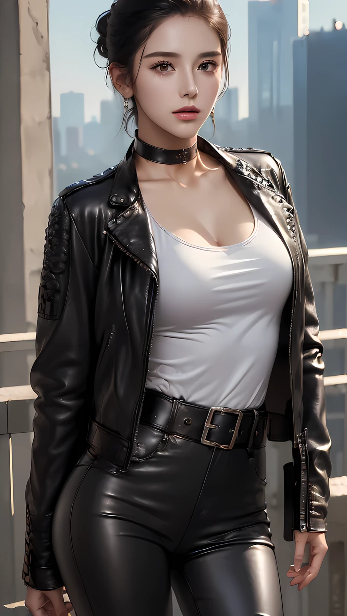 (((Best quality, 8k, Masterpiece: 1.3)), ((best quality)), ((masterpiece)), (detailed), perfect face, perfect body, (detailed skin:1.3), (intricate details), black hair, slicked back, ((Leather jacket)), white tank top, leather pants, wide belt, buckle, Choker, Sidelong glance, near-future city, Fashion model