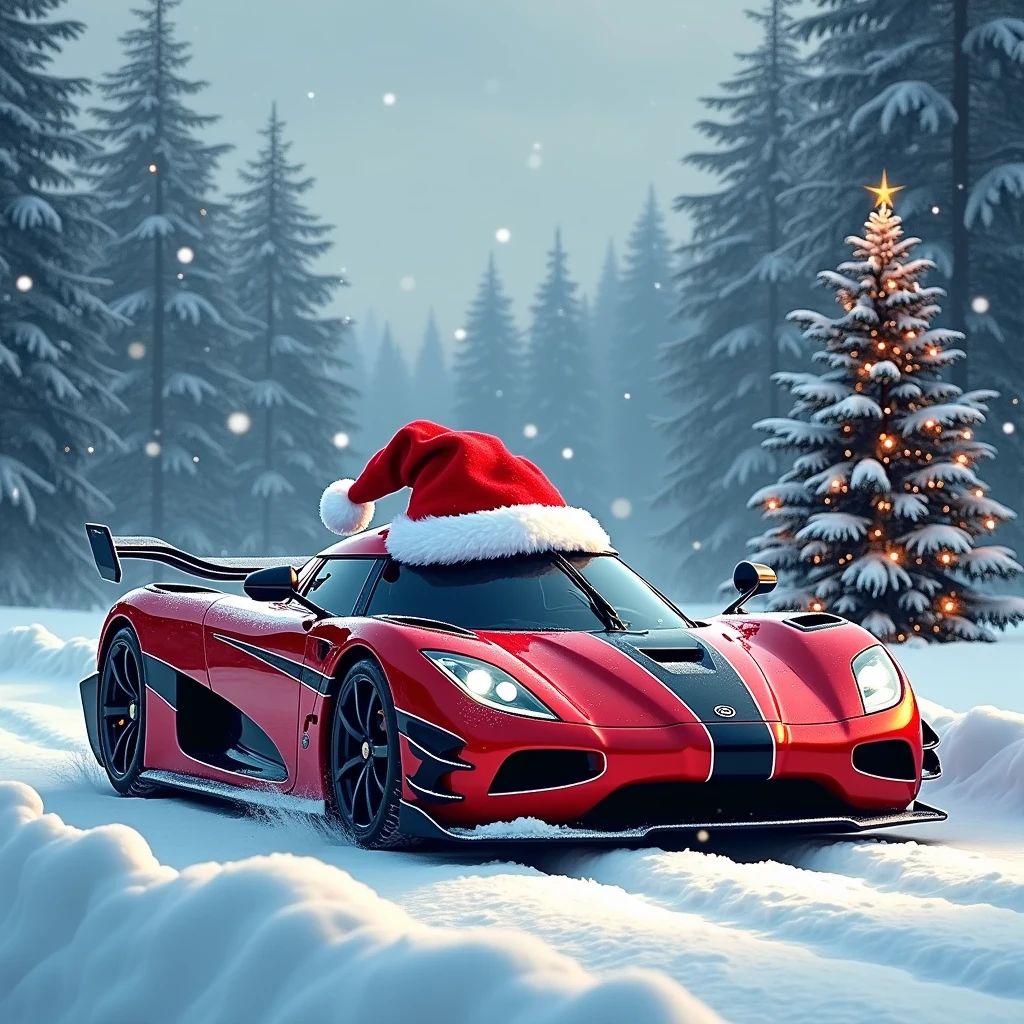 create an image of Koenigsegg jesko absolut with santa hat on top and the background is having snowy view and christmas tree, the car is viewed from left side and dont make it look too realistic make and look illustrated