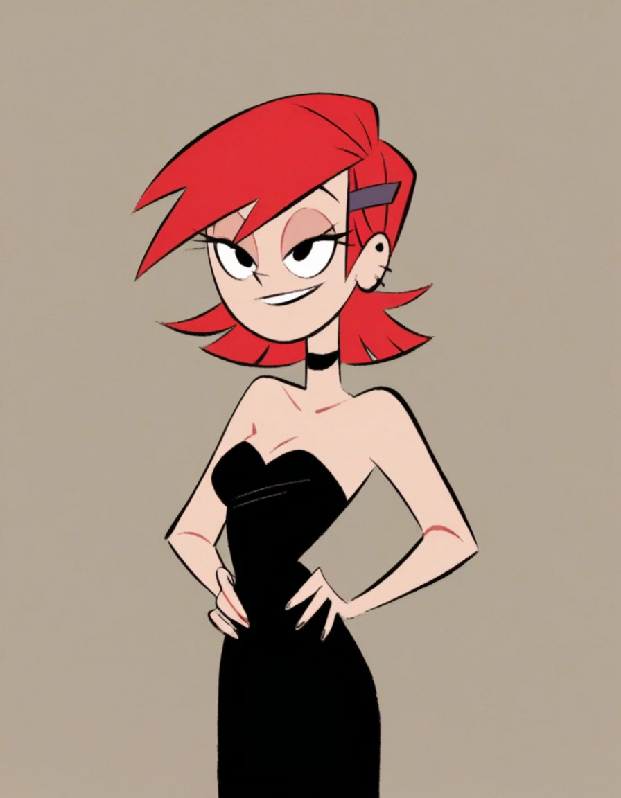 FrankieFoster, red medium hair, bob hair cut, black eyes, posing, solo, strapless black dress, short black dress, hands on the waist, light smile, beautiful, standing up,
