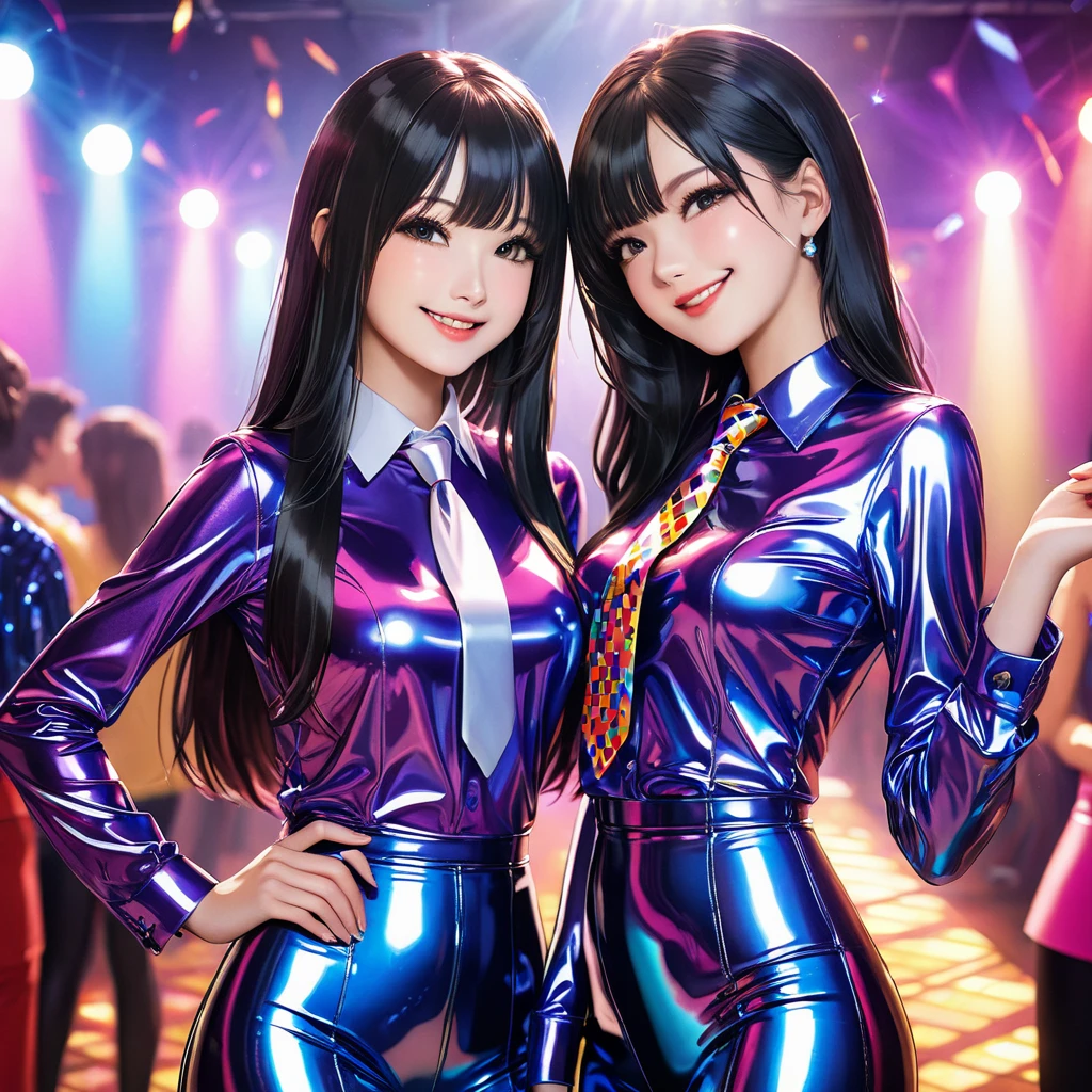 2 girls,  in extremely tight shiny latex blouse,  high resolution ,  masterpiece,  very long hair ,  black hair, Lens reflection, Reflected light, smile, Necktie, Are at the disco and dance  