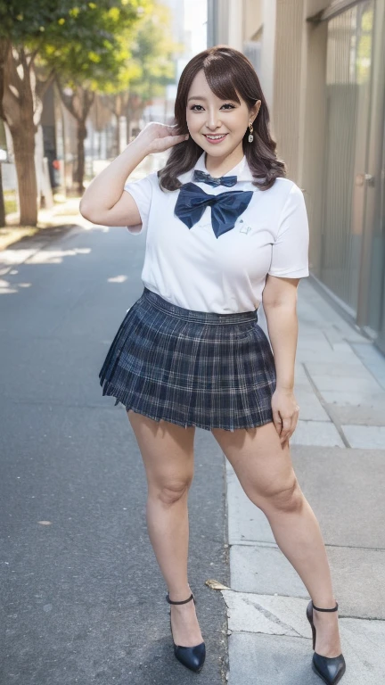 full body shot, from below,  japanese mature, 70 years old,  detailed face , Facial wrinkles, smile,  detailed skin texture ,  white skin,  long hair , (curvy body:1.3), (earrings, school uniform, short sleeve shirt, summer style with light fabric, bow tie, pink plaid pleated mini skirt:1.2), ( beautiful girl with a devilish smirk smirk and holding :1.2), ( full body shot from toe to head wearing black high heels,  sidewalk:1.2), ( surrealism, best quality, ultra detailed, absolutely resolution, 8k, anatomically correct), depth of field, looking at viewer, tachi-e, (gal.safetensors),  natural light, full body, (kz),  detailed face , A mature woman is cosplaying