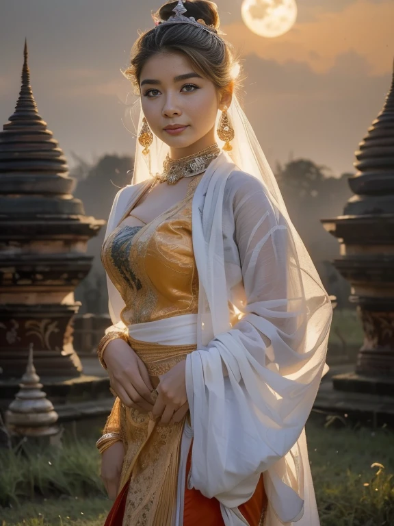 a solo beautiful princess, elegant, detailed, pretty, (rubenesque), (Bagan Pagoda background), (night sky), Full Moon, Myanmar traditional elegant detailed dress, Hair in a bun, (art by dgtlv2 and henry asencio and zeen chin and josephine wall and edwin deakin), (masterpiece), (good anatomy),