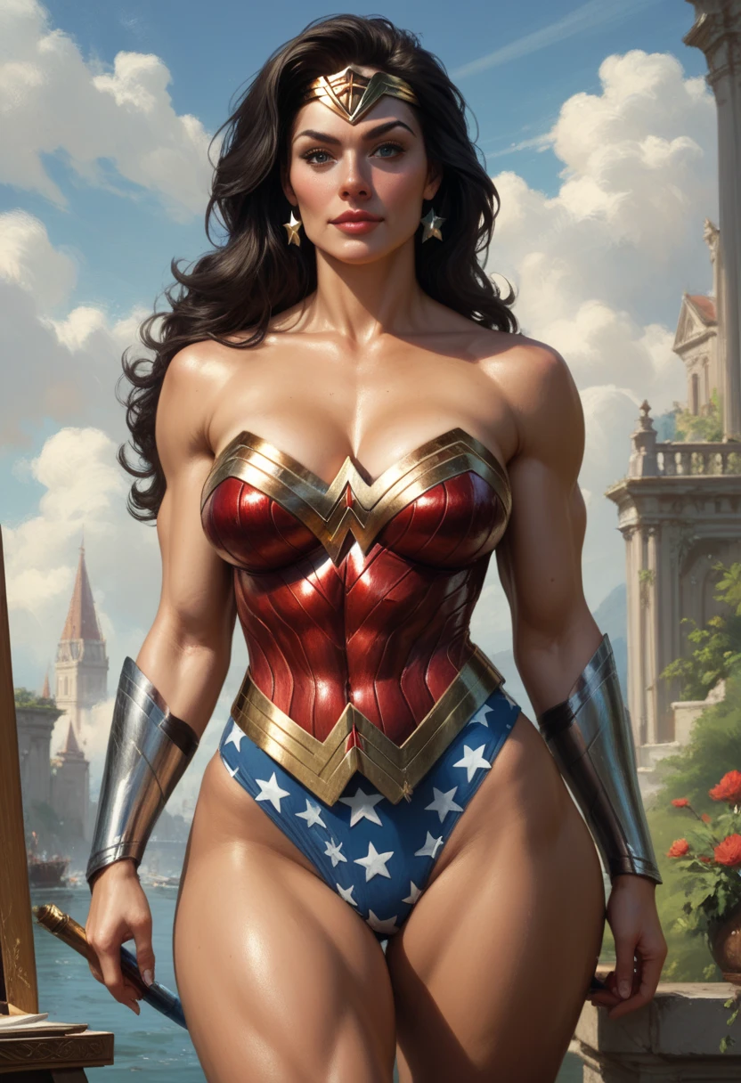 Baroque painting of Wonder Woman 50s style, she has large breasts, wide hips and muscular, chiaroscuro