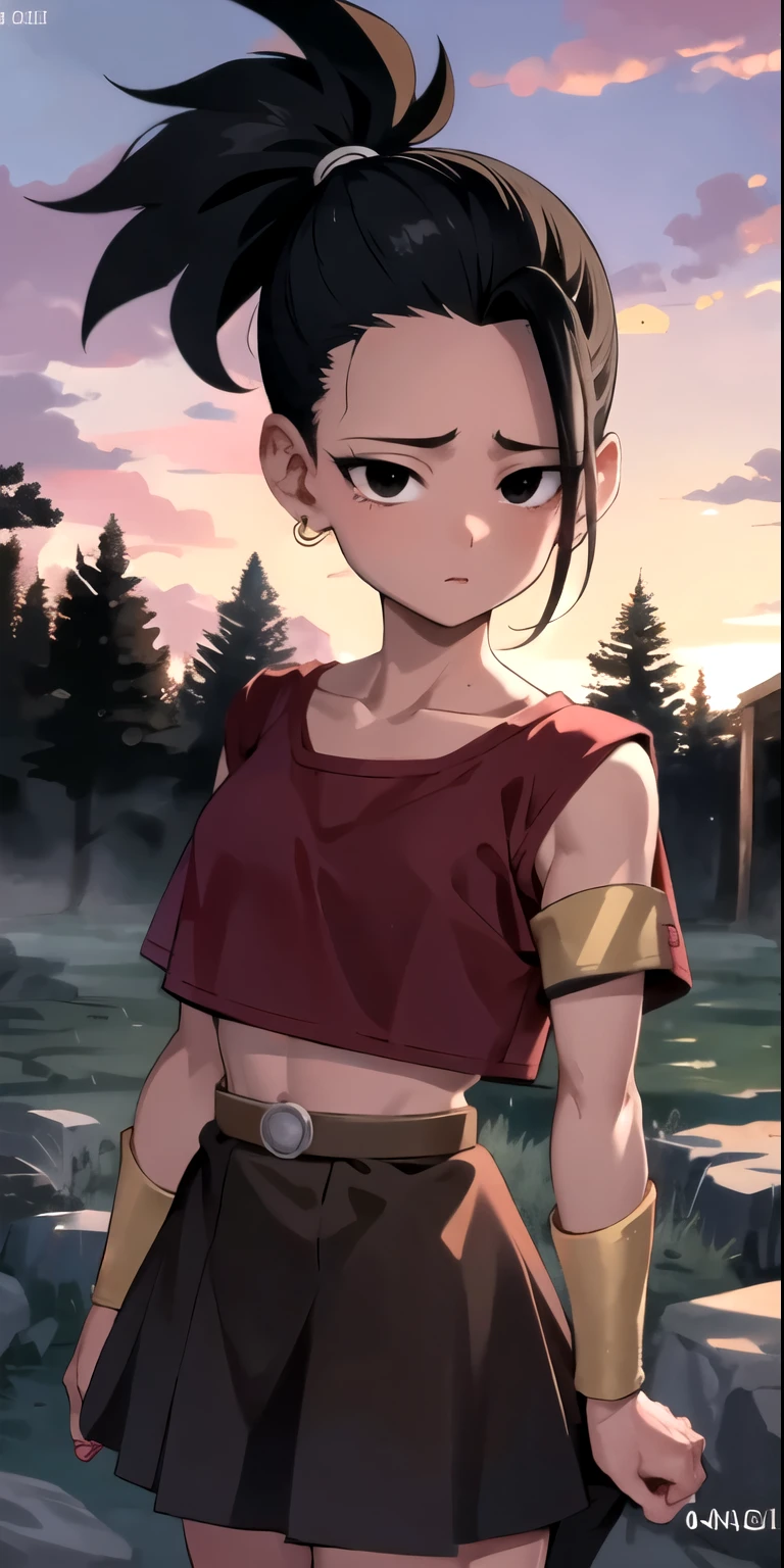 artwork, best quality, Kale, black eyes, ponytail, top cut, armband, red skirt, torso, standing, looking at viewer, nervous, In a clearing of an enchanted forest at dusk, bathed in the golden light of the setting sun, close up Light brown girl, black hair, shy look, nsfw, heat, in love, looking at the viewer,clear skin