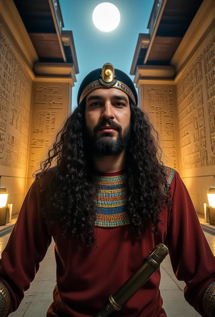 Damettaflux001 envisioned as an Egyptian god in a hyper-realistic style. He stands majestically with long curly hair flowing under a golden nemes headdress detailed with vibrant lapis lazuli and turquoise. His regal attire includes a deep crimson and gold shendyt, paired with an ornate pectoral collar adorned with precious stones. His eyes glow with divine energy, radiating wisdom and power. He wields an elegant ankh staff, and the setting is a grand temple bathed in moonlight, hieroglyphs glowing faintly on sandstone walls. Hyper-detailed RAW photo, cinematic lighting, 8k resolution.