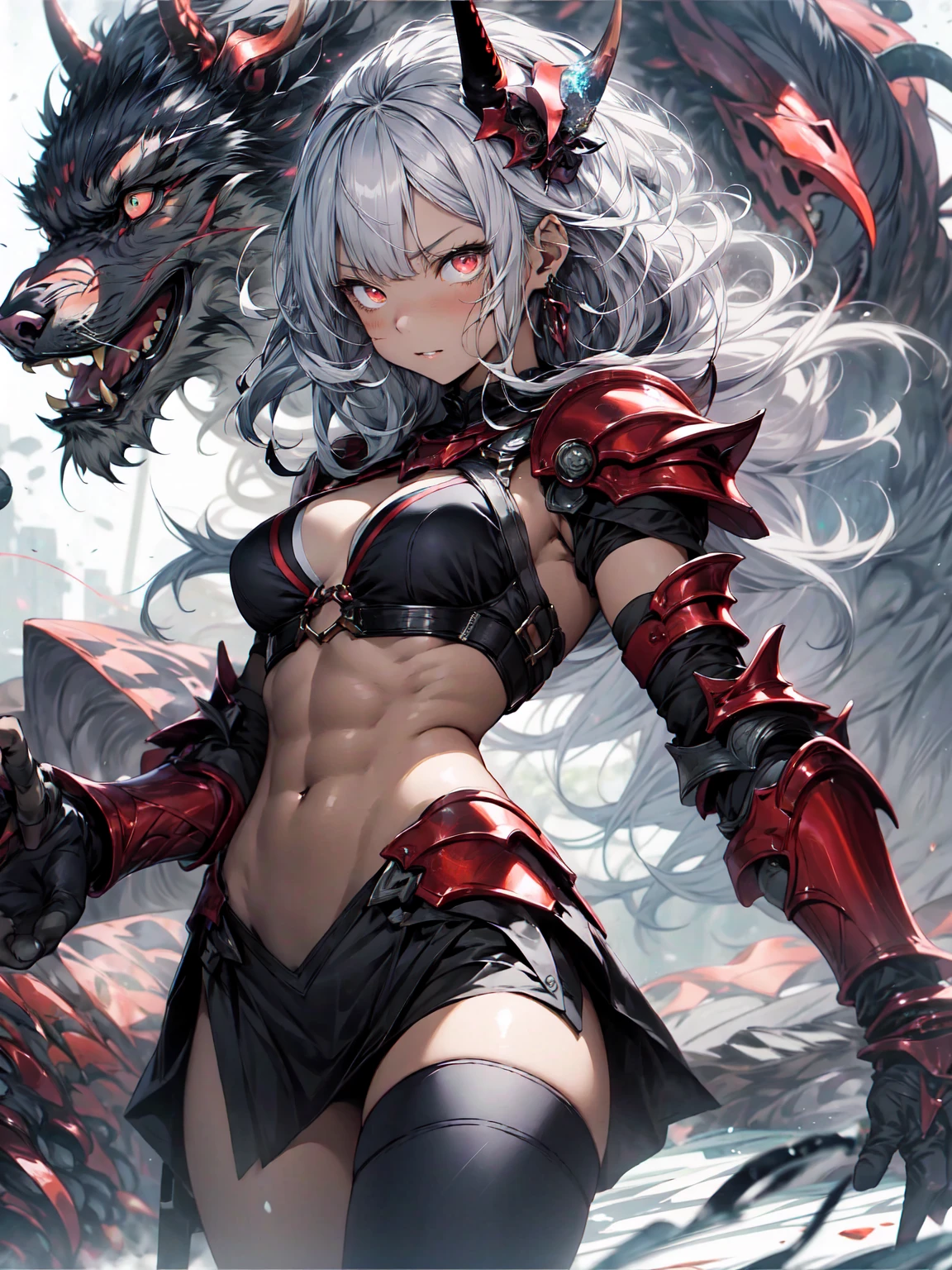 Be realistic,(masterpiece,Highest quality,Highest quality,Very detailed,Fractal Art,Most detailed,(Abstract background:1.5)(1 Girl),Kamimei,(Redhead long hair),(Red eyes glow、Big Breasts、Toned Abs,Stunned),Abyss Stick、crystallization,Swimsuit、High leg、Sexy、Machine Armor、Sunburned skin、Demon Horn、Berserk、There are large wounds on the body、mini skirt