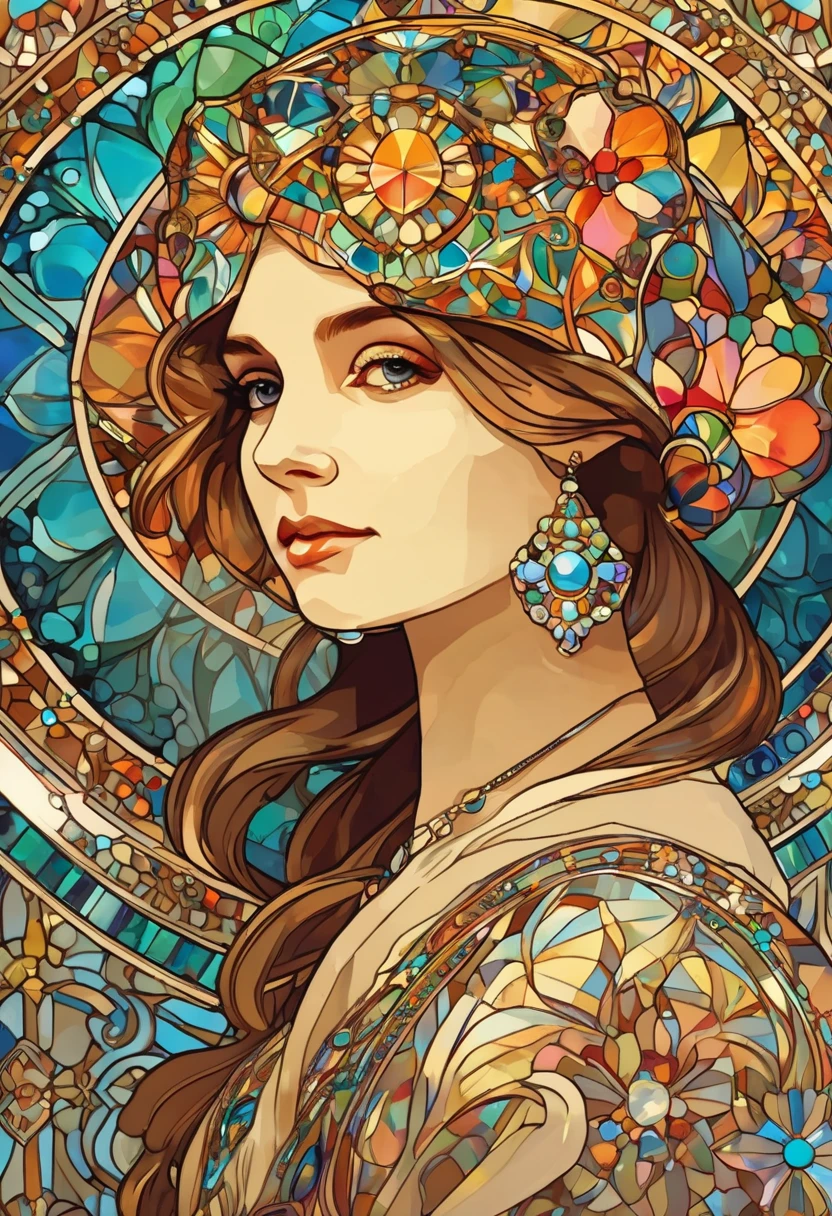  best quality,  best quality, kaleidoscope, rzminjourney,  Vector Art ,  High quality illustration by Alphonse Mucha,   Masterpiece (carbuncleに出会った少女:1.4), carbuncle、Beautiful girl、 logo , round, Colorful gemstones,Yorkshire Terrier