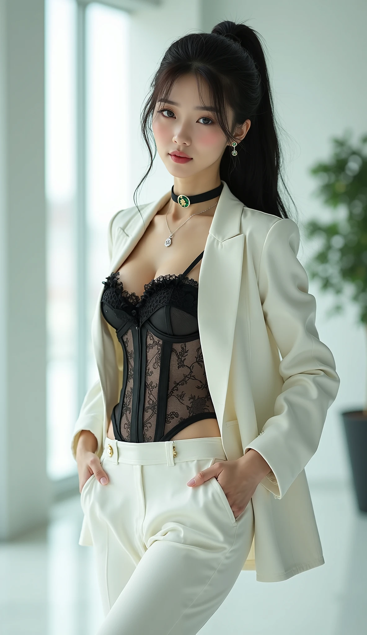 no jacket,beautiful eye,(beautiful face:1.6),realistic,(ultra quality:1.5),japanese,high quality,masterpiece,(ultra detailed:1.5),Three girls, fitting room, (various coloured:1.4) ,(can see realistic bras:1.6),  wearing (black pantyhose:1.3) ,small breast, (tight skirt suit:1.3),looking camera,