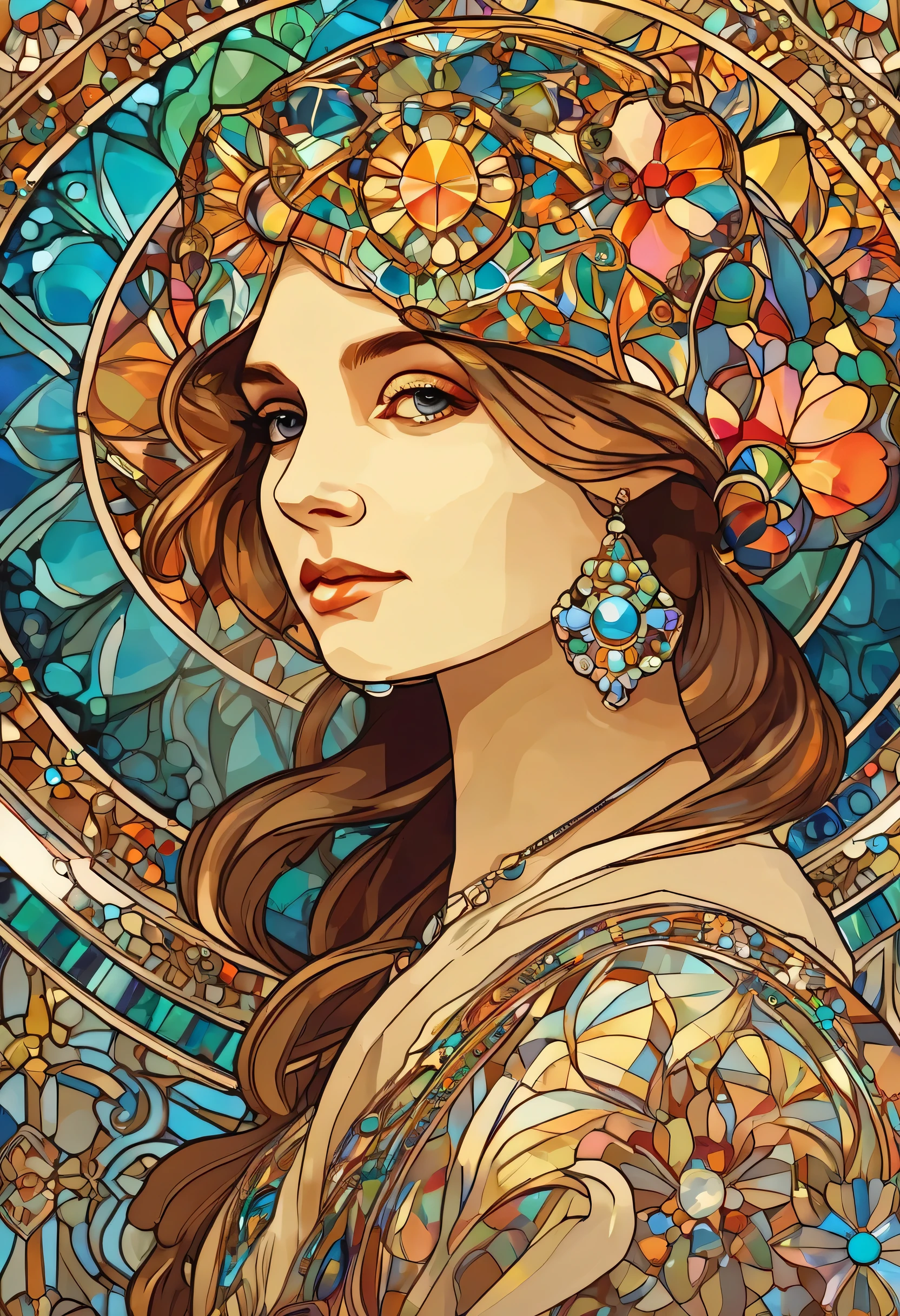  best quality,  best quality, kaleidoscope, rzminjourney,  Vector art ,  High quality illustration by Alphonse Mucha,   Masterpiece (The Girl Who Met Carbuncle:1.4), carbuncle、Beautiful girl、 logo , round, Colorful gemstones,Yorkshire Terrier