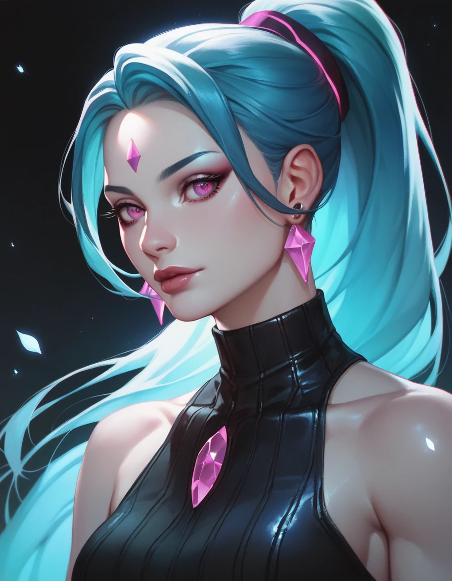 female black sleeveless leather turtleneck, bare shoulders, racerback, bare toned arms, beautiful faces, blue ponytail with showing forehead, long ponytail, black earrings, soft smooth skin, pale skin, black background, magenta eyes, sci-fi, high contrast, assassin