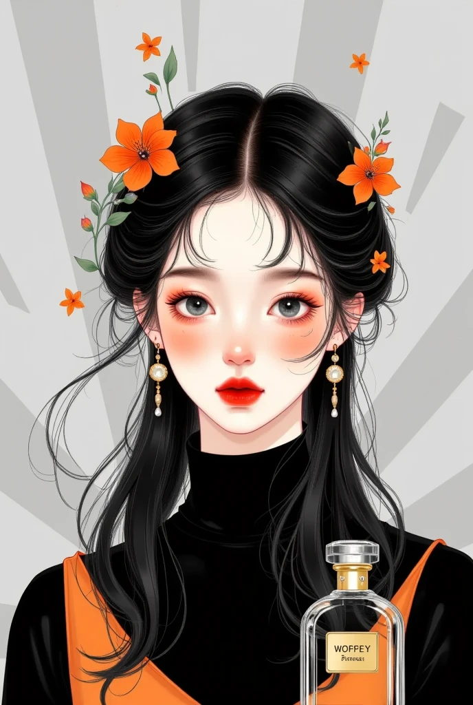 (((vector， Flat Form Style ，illustration，数字艺术illustration)))， 1 girl，Unique， pretty face ，earrings，portrait，Shoulder，Black turtleneck，Geometric gradient，Gradient Line， artistic mood ，Abstract， minimalism ，Minimalist lines，portrait， grey and orange ， sharp rhythmic lines，A perfume bottle 