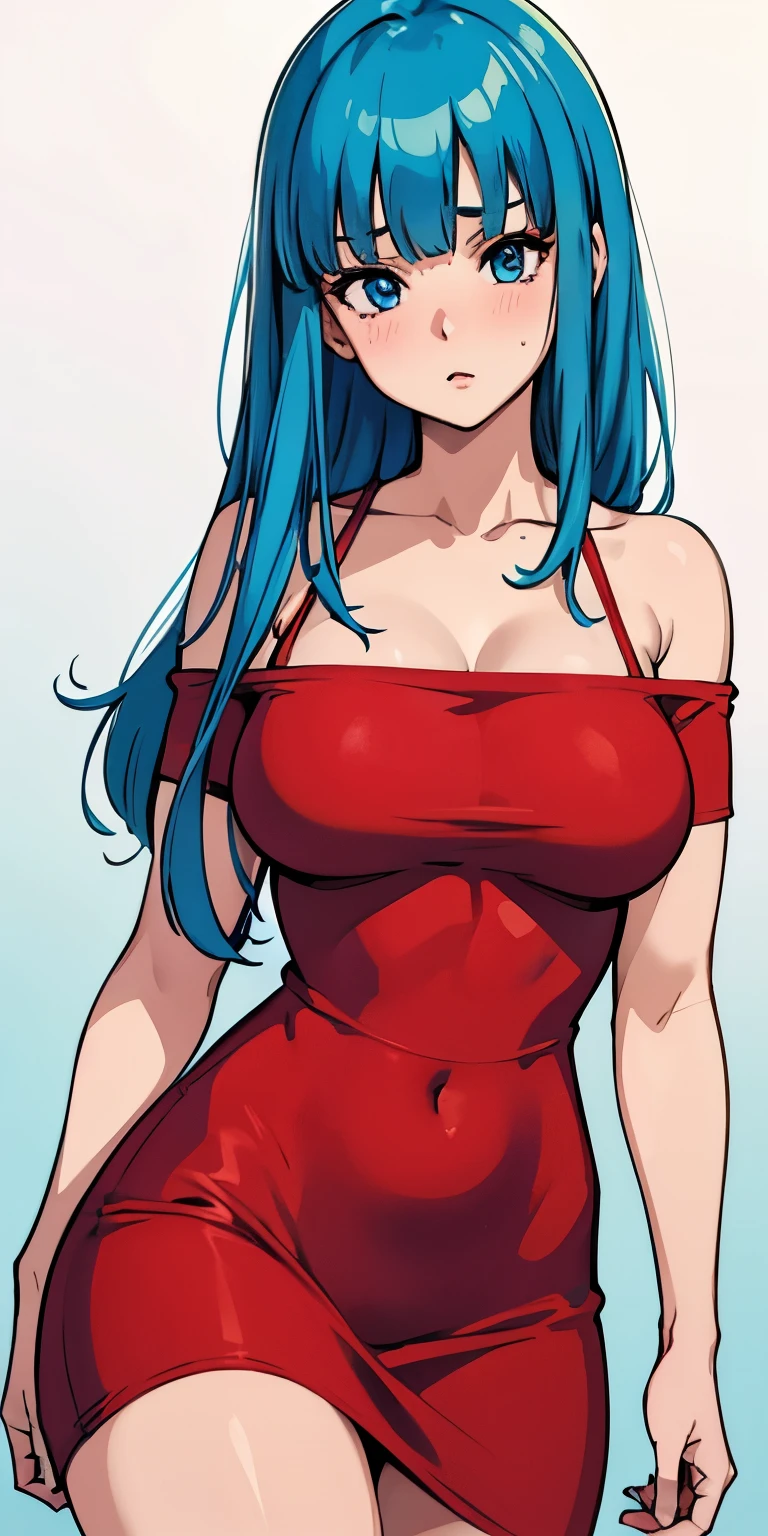 1 Female,High definition,high resolution,Ultra-realistic,8K, 1girl,maron,(red short dress), bare shoulder,(blue eyes,aqua hair,blunt bangs),off shoulder, large breasts,European,sexy,Upper body close-up,Photographed from the front,Dynamic Angles,(blush), (medium tits) 