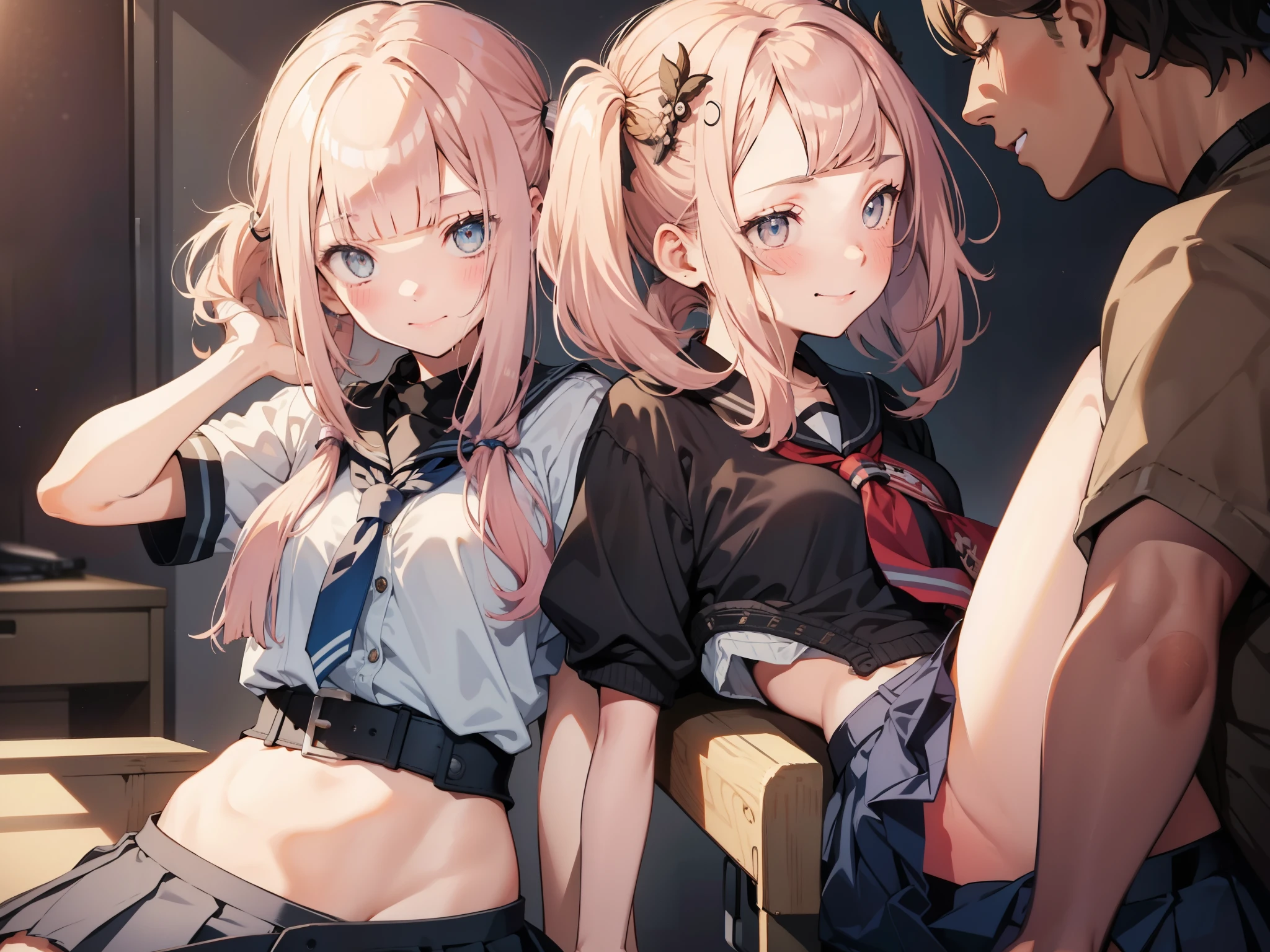 faded tone, cool school girl, 2 men, having sex with men, pink hair, bob hair, innocent girl, principle's office, drooling, side half pony tail, (blunt bangs :1.6), (li :1.6), light blue skirt, small breasts, (blushing :1.1) , cinematic, hair ornament, bob hair, small chest, a boy trying to fuck her, heavily blurred background, smiling, 
