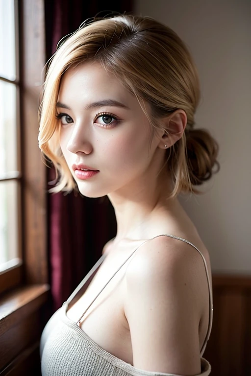 (masterpiece, best quality:1.2), RAW photo, (realistic, photorealistic:1.2), (8K, highres, ultra detailed:1.3), 1girl, perfect anatomy, (focus on face, looking at viewer), (28 years old american white beauty , (realistic detailed eyebrows, realistic beautiful brown eyes, realistic glossy skin, realistic detailed beautiful handsome face:1.2), (slender, small breasts), (realistic cinematic lighting, detailed shadowing:1.2) blonde snd curly hair