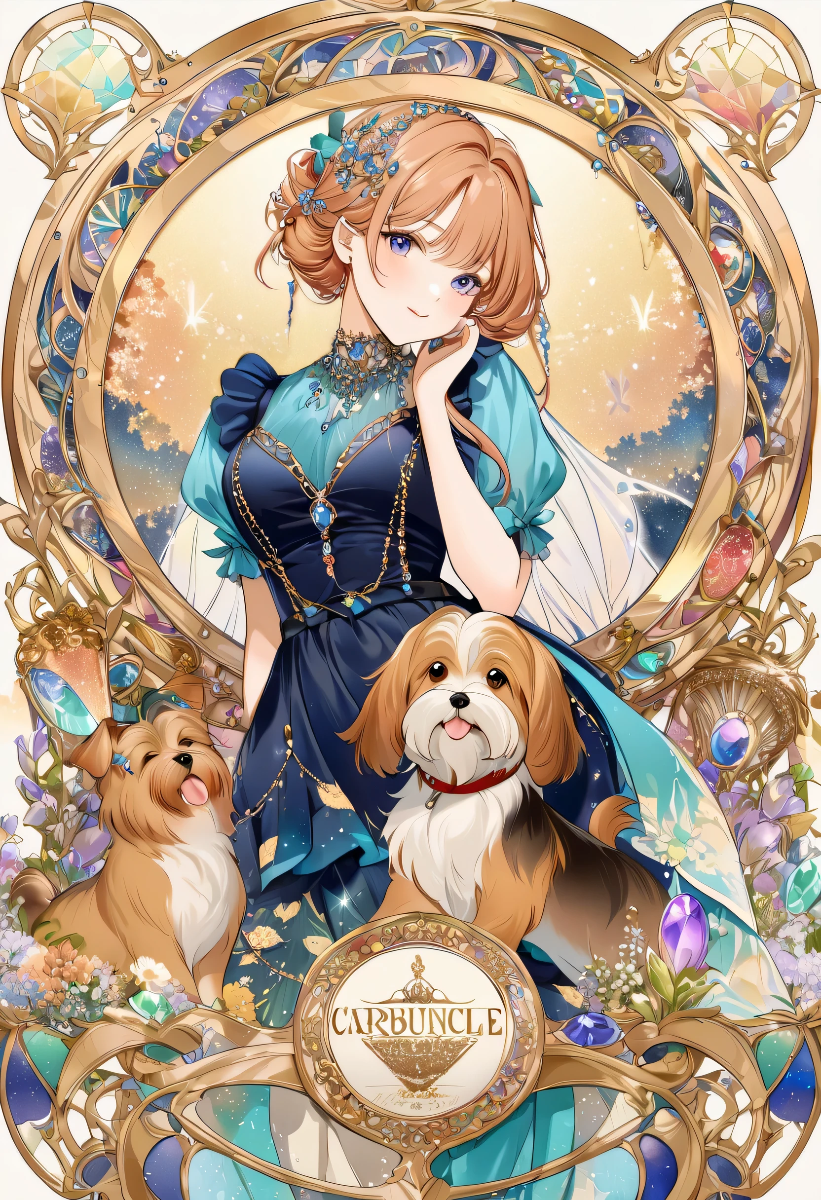  best quality,  best quality, kaleidoscope, rzminjourney,  Vector art ,  High quality illustration by Alphonse Mucha,   Masterpiece (The Girl Who Met Carbuncle:1.4), carbuncle、Beautiful girl、 logo , round, Colorful gemstones,Yorkshire Terrier