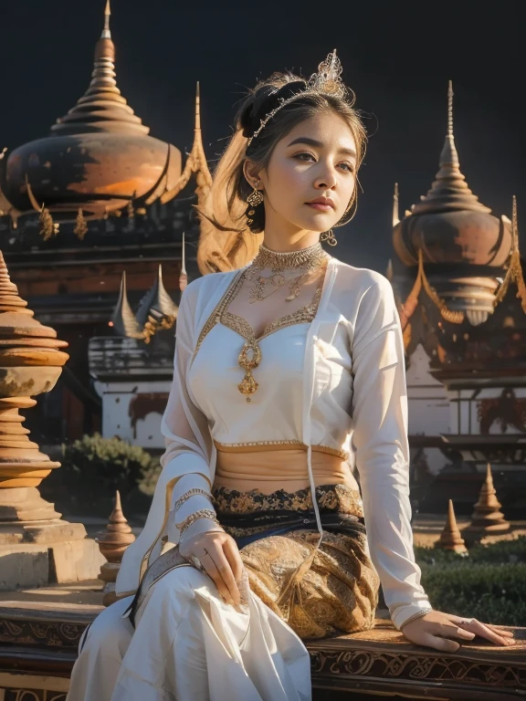 a solo beautiful princess, elegant, detailed, pretty, (rubenesque), (Bagan Pagoda background), (night sky), Full Moon, Myanmar traditional elegant detailed dress, Hair in a bun, (art by dgtlv2 and henry asencio and zeen chin and josephine wall and edwin deakin), (masterpiece), (good anatomy),