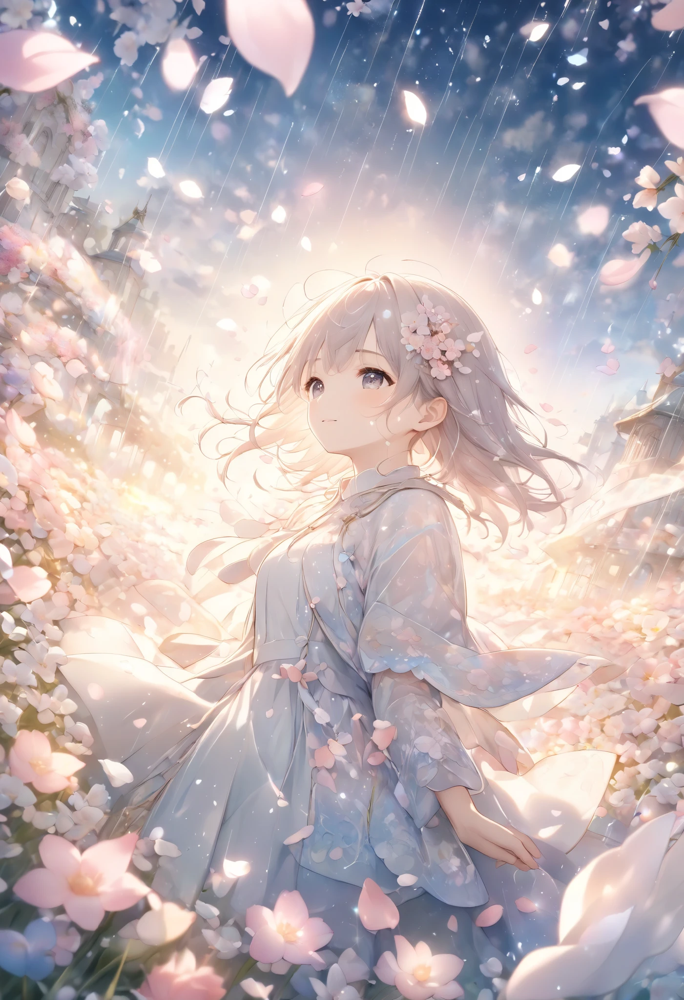 pale color and light line drawing 、(Petals fall like rain:1.8)、Beautiful flower field、Highlight the petals 、 Sparkling petals fly down from the sky、Scenes that strike your heart 、 Beautiful Artwork 、 Works characterized by pale colors 、 hand in the den forward、 Look Up Above、Light effects