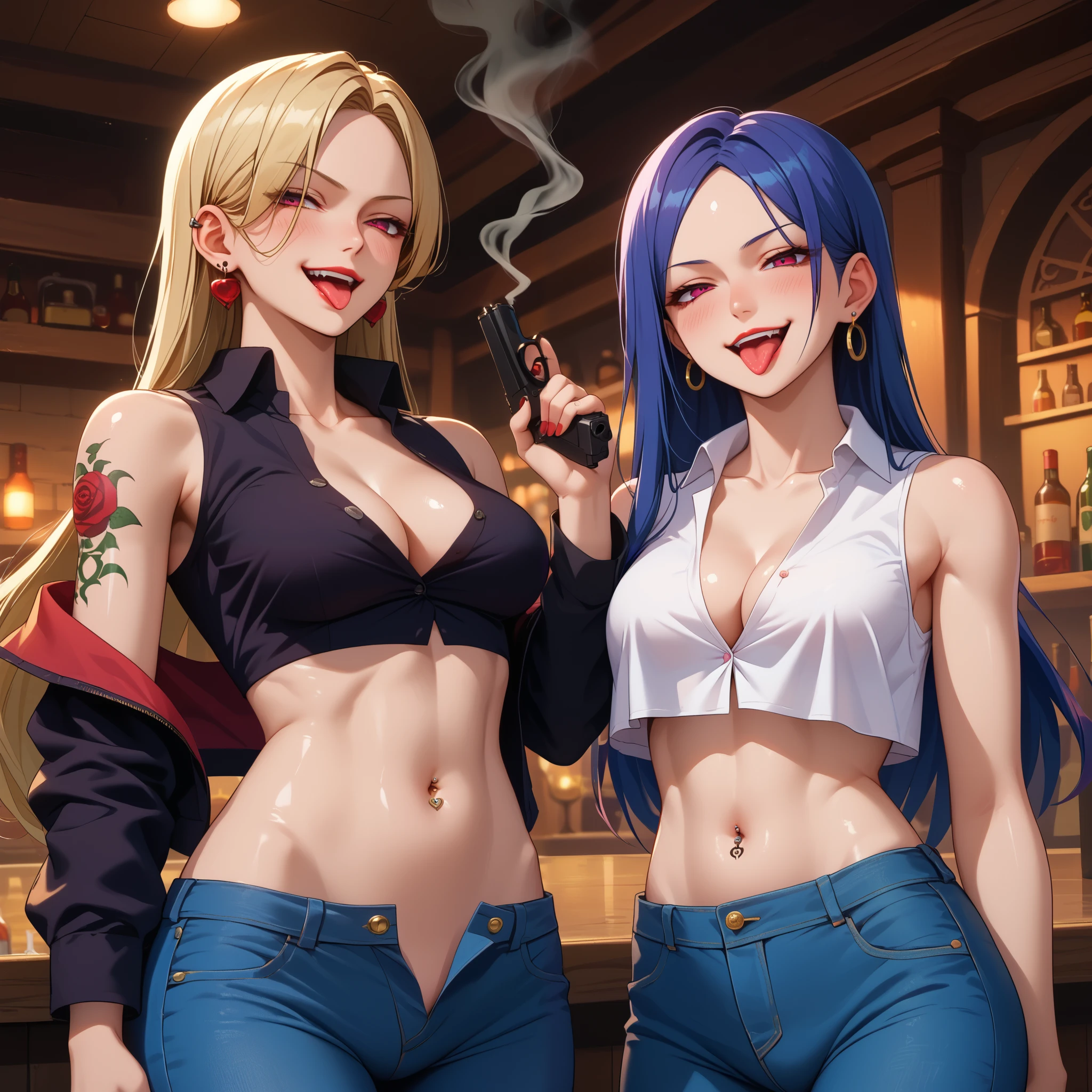 two girls, 2girl, evil smile, smug, smirk, anime coloring, unusually open eyes, ear piercing, long hair, blush, lipstick,Hot girl, baddie, smoking, sensual, attractive ,,bar background, inside bar,indoors, masterpiece,high quality,4k, bare
shoulder,belly,crop top,holding pistol,cleavage, unbuttoned shirt,shirt, knot, indoor,smile, open
mouth, (nsfw) not safe for work, evil expression, exposed belly, exposed navel, exposed midriff,
exposed lower belly, crop top overhang, underboob,jacket, unbuttoned jeans , low rise black jeans,
Low rise jeans, Low rise jeans with open fly, tattoo belly, tattoo on body, tattoo midriff, rose tattoo, , shiny skin, navel piercing, tongue out, 