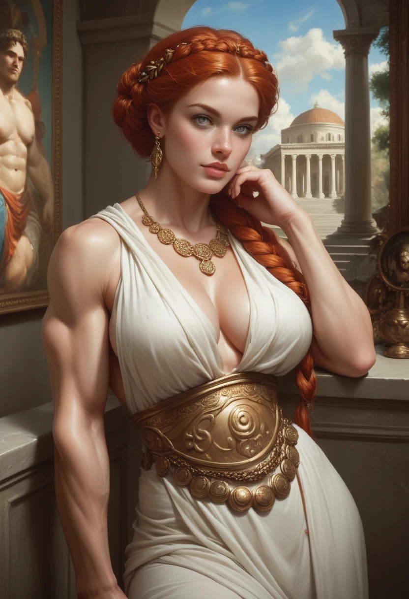 Baroque painting of Venus de milo, Greek redhead, gray eyes, voluptuous, large breasts, Greek clothes, muscular, photography, 50s style, chiaroscuro