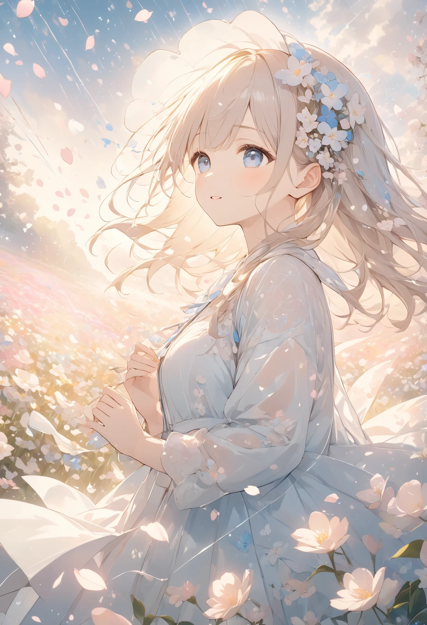 pale color and light line drawing 、 Rain of Petals 、Beautiful flower field、Highlight the petals 、 Sparkling petals fly down from the sky、Scenes that strike your heart 、 Beautiful Artwork 、 Works characterized by pale colors 、 hand in the den forward、 Look Up Above