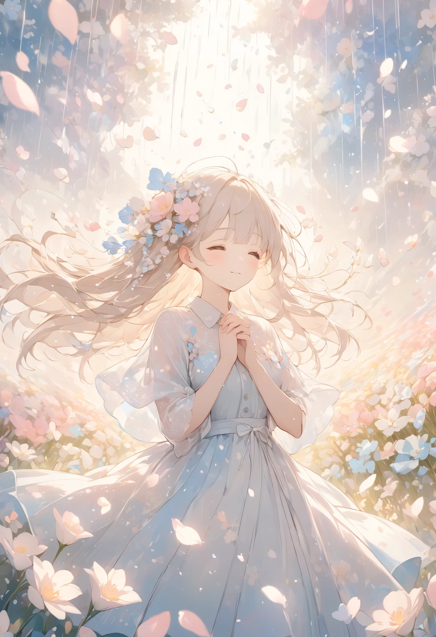 pale color and light line drawing 、(Petals fall like rain:1.8)、Beautiful flower field、Highlight the petals 、 Sparkling petals fly down from the sky、Scenes that strike your heart 、 Beautiful Artwork 、 Works characterized by pale colors 、 hand in the den forward、 Look Up Above、Light effects