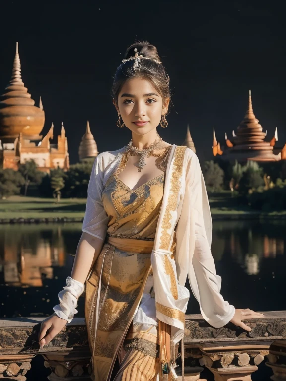 a solo beautiful princess, elegant, detailed, pretty, (rubenesque), (Bagan Pagoda background), (night sky), Full Moon, Myanmar traditional elegant detailed dress, Hair in a bun, (art by dgtlv2 and henry asencio and zeen chin and josephine wall and edwin deakin), (masterpiece), (good anatomy),