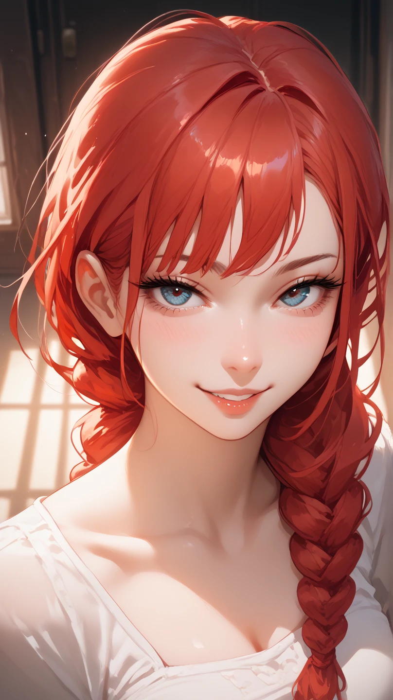 1girl, Solo, HD, Red Hair, Single Braid, Seductive Smile, BlushFrom Above, 