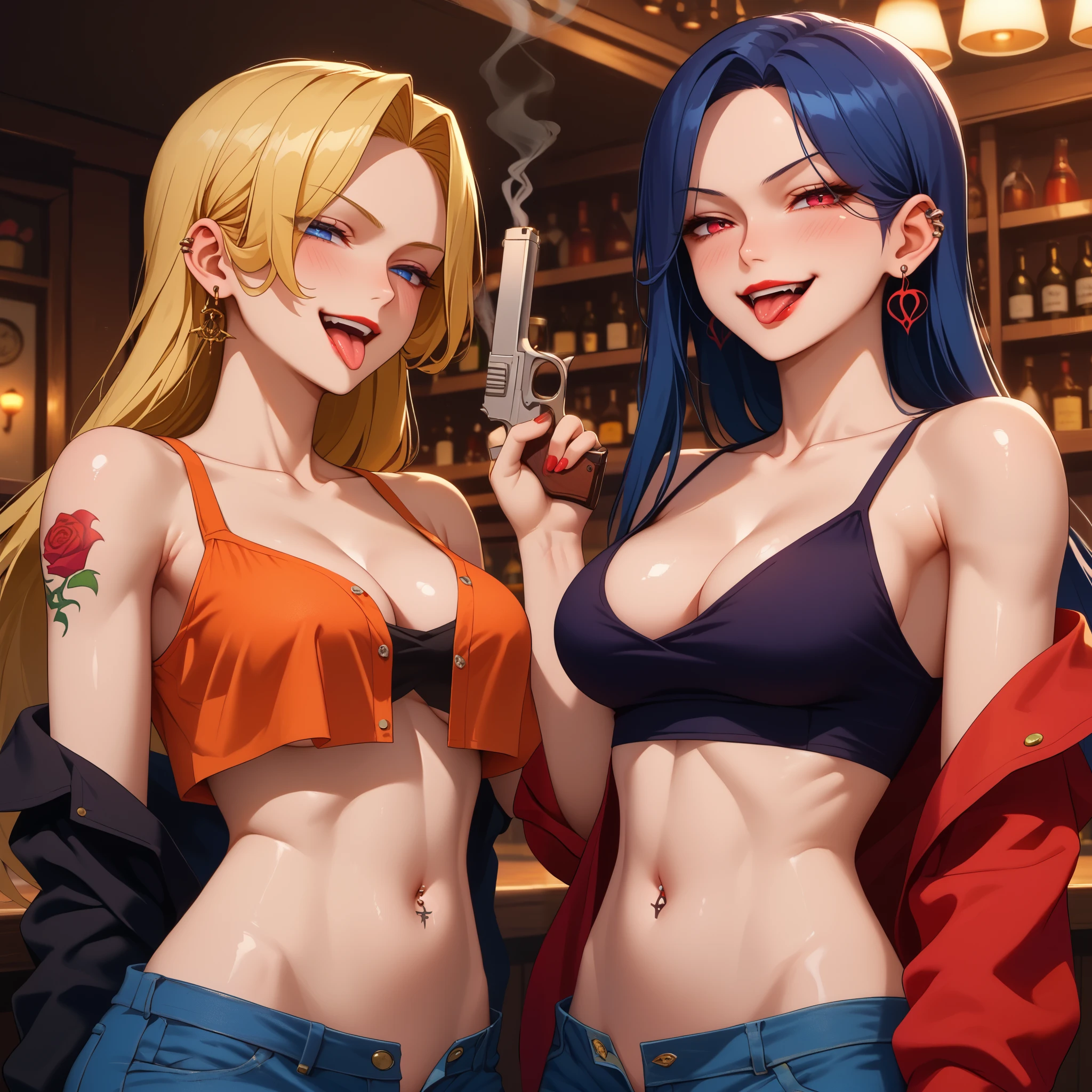 two girls, 2girl, evil smile, smug, smirk, anime coloring, unusually open eyes, ear piercing, long hair, blush, lipstick,Hot girl, baddie, smoking, sensual, attractive ,,bar background, inside bar,indoors, masterpiece,high quality,4k, bare
shoulder,belly,crop top,holding pistol,cleavage, unbuttoned shirt,shirt, knot, indoor,smile, open
mouth, (nsfw) not safe for work, evil expression, exposed belly, exposed navel, exposed midriff,
exposed lower belly, crop top overhang, underboob,jacket, unbuttoned jeans , low rise black jeans,
Low rise jeans, Low rise jeans with open fly, tattoo belly, tattoo on body, tattoo midriff, rose tattoo, , shiny skin, navel piercing, tongue out, 