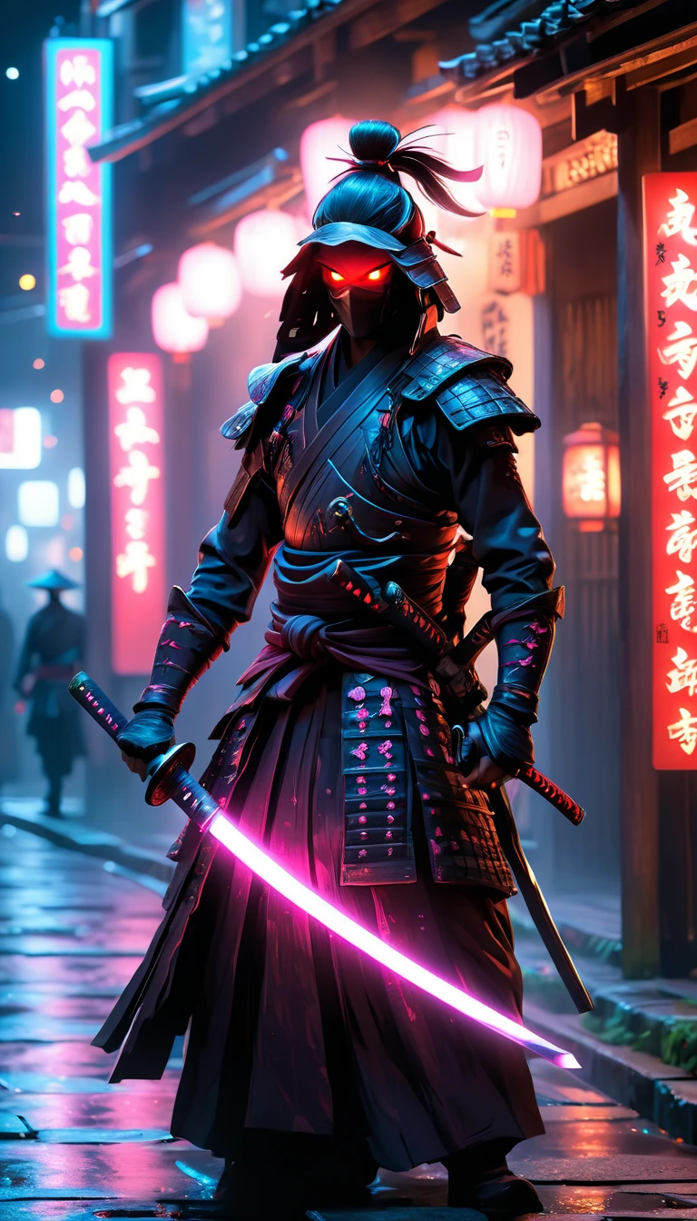 Samurai, 25yo woman, hyperrealism, very detailed skin, 4k,,, AshleyWoodArtAI,, katana profile picture, Organic Painting, night time, Matte Painting, bold shapes, hard edges, street art, trending on artstation, by Huang Guangjian and Gil Elvgren and Sachin Teng, Glow, katana